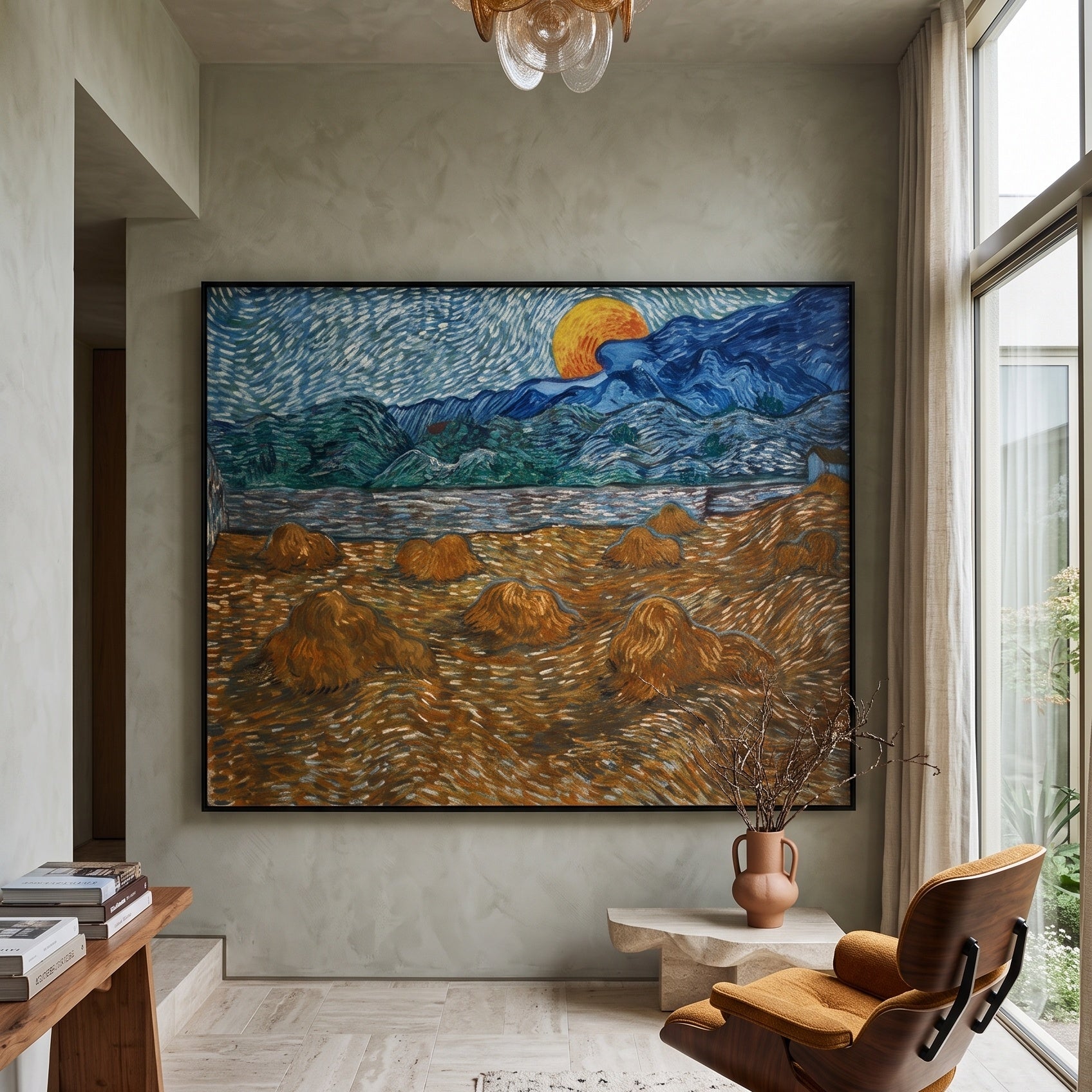 Landscape with Wheat Sheaves and Rising by Vincent van Gogh — large blue and gold Impressionist canvas art displayed on a wal