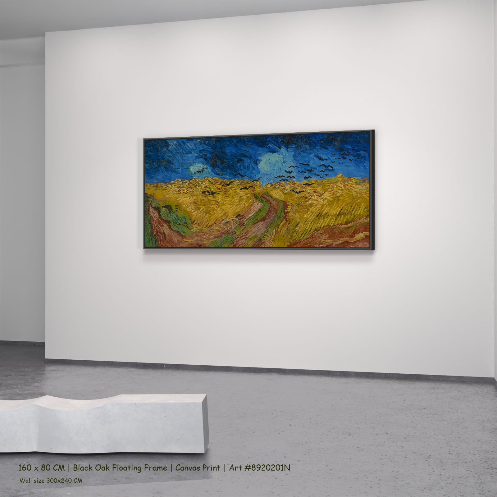 Wheatfield with Crows by Vincent van Gogh in a black oak floating frame, large blue and yellow Impressionist canvas