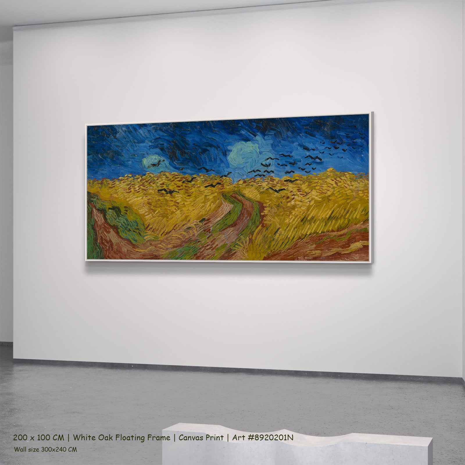 Wheatfield with Crows by Vincent van Gogh in a white oak floating frame, large blue and yellow Impressionist canvas