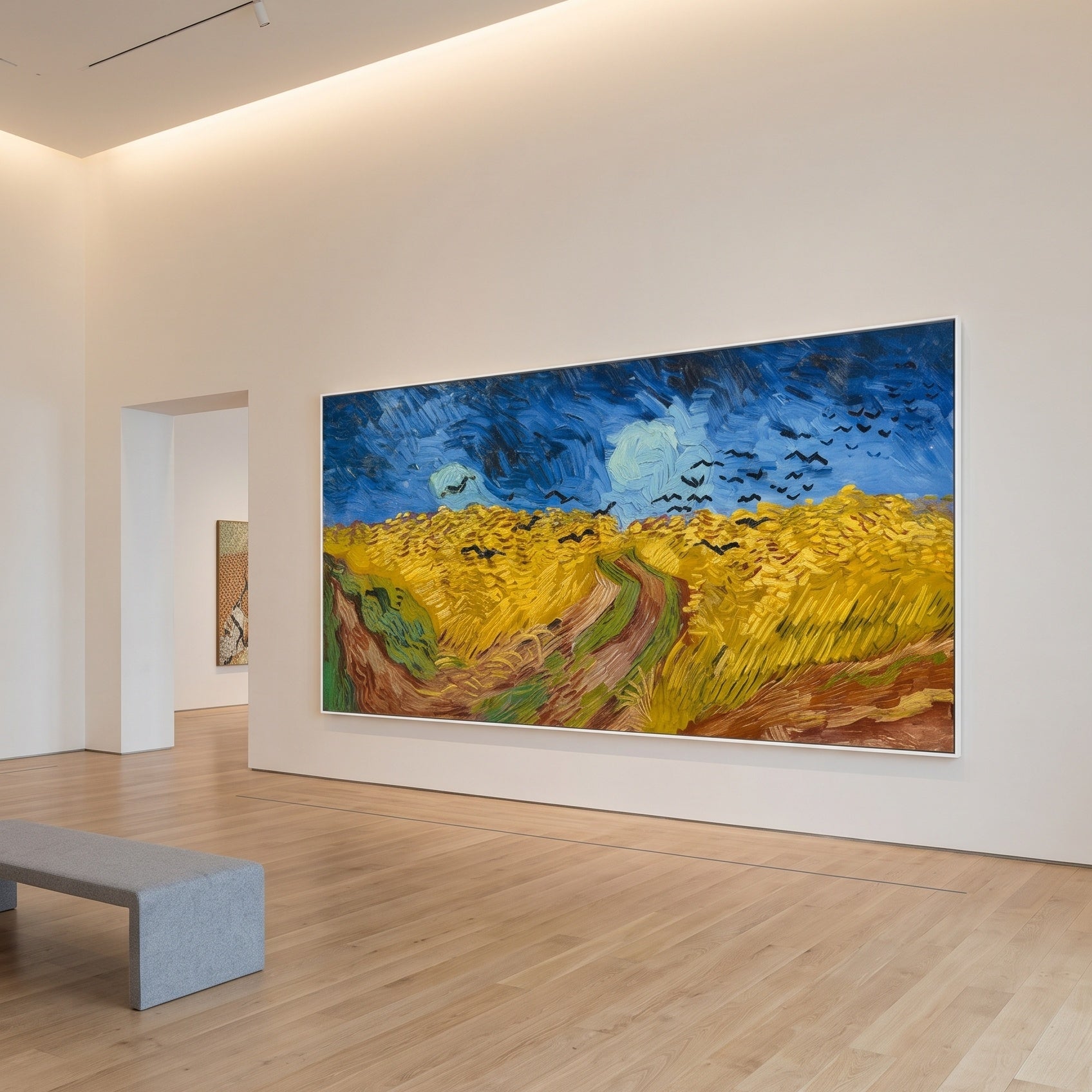 Wheatfield with Crows by Vincent van Gogh — large blue and yellow Impressionist canvas art on a hallway wall