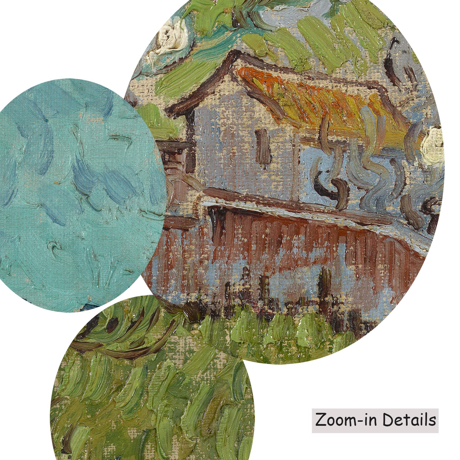 Close-up detail of the brushwork on View of the Alpilles, a large aqua and green Impressionist canvas by Vincent van Gogh