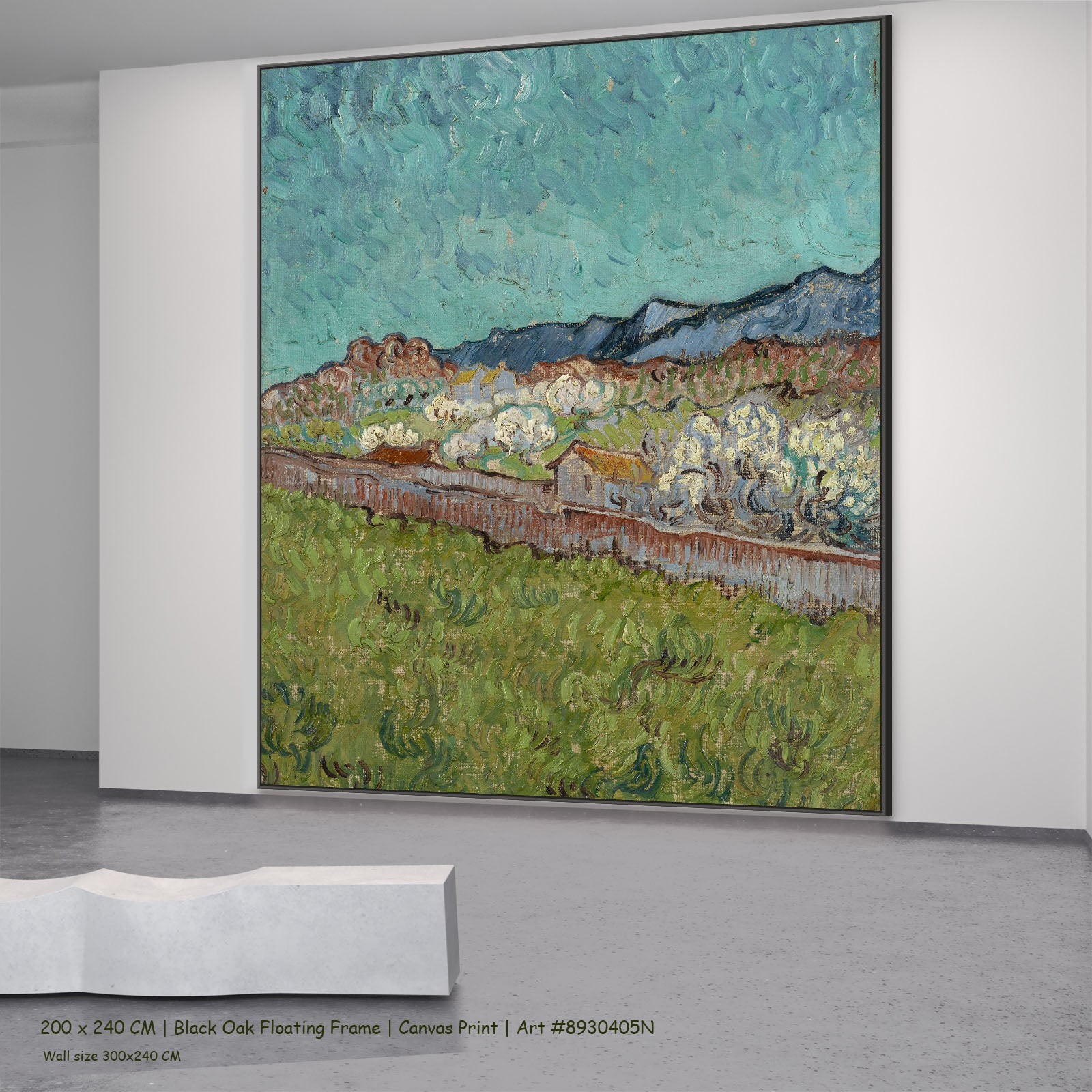 View of the Alpilles by Vincent van Gogh in a black oak floating frame, large aqua and green Impressionist canvas