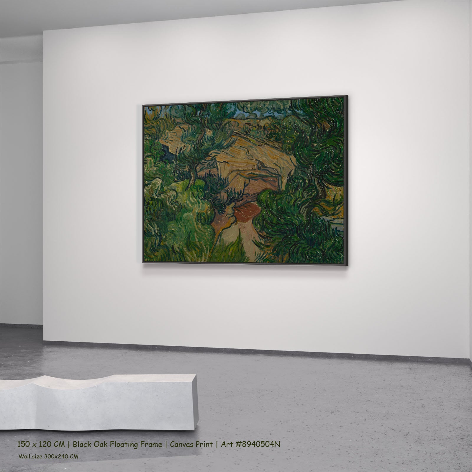 Entrance to a Quarry by Vincent van Gogh in a black oak floating frame, large green and brown Impressionist canvas