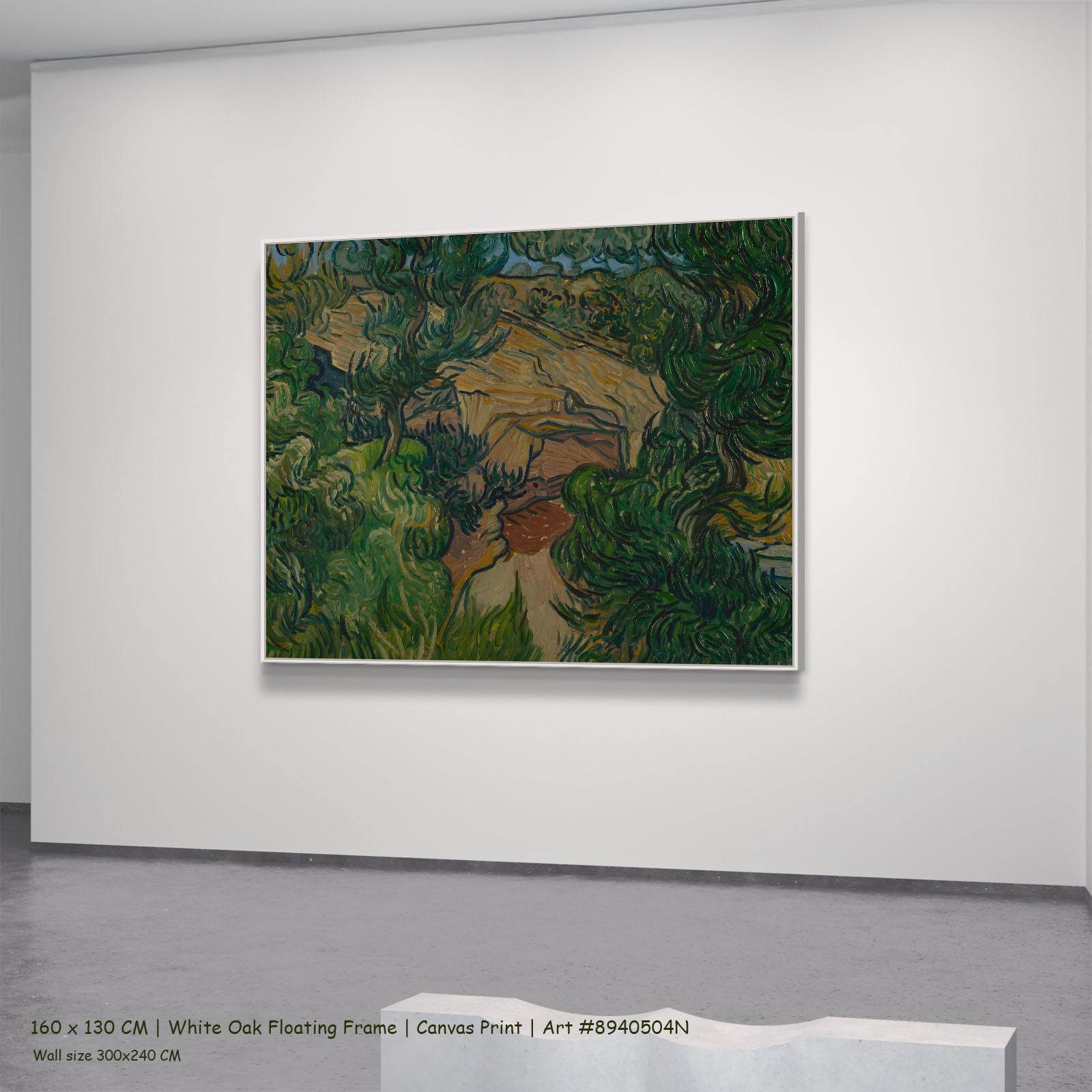 Entrance to a Quarry by Vincent van Gogh in a white oak floating frame, large green and brown Impressionist canvas