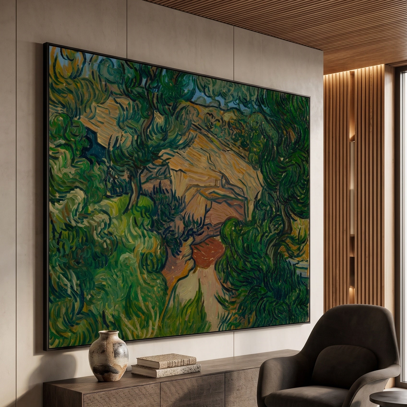 Entrance to a Quarry by Vincent van Gogh — large green and brown Impressionist canvas art on a hallway wall
