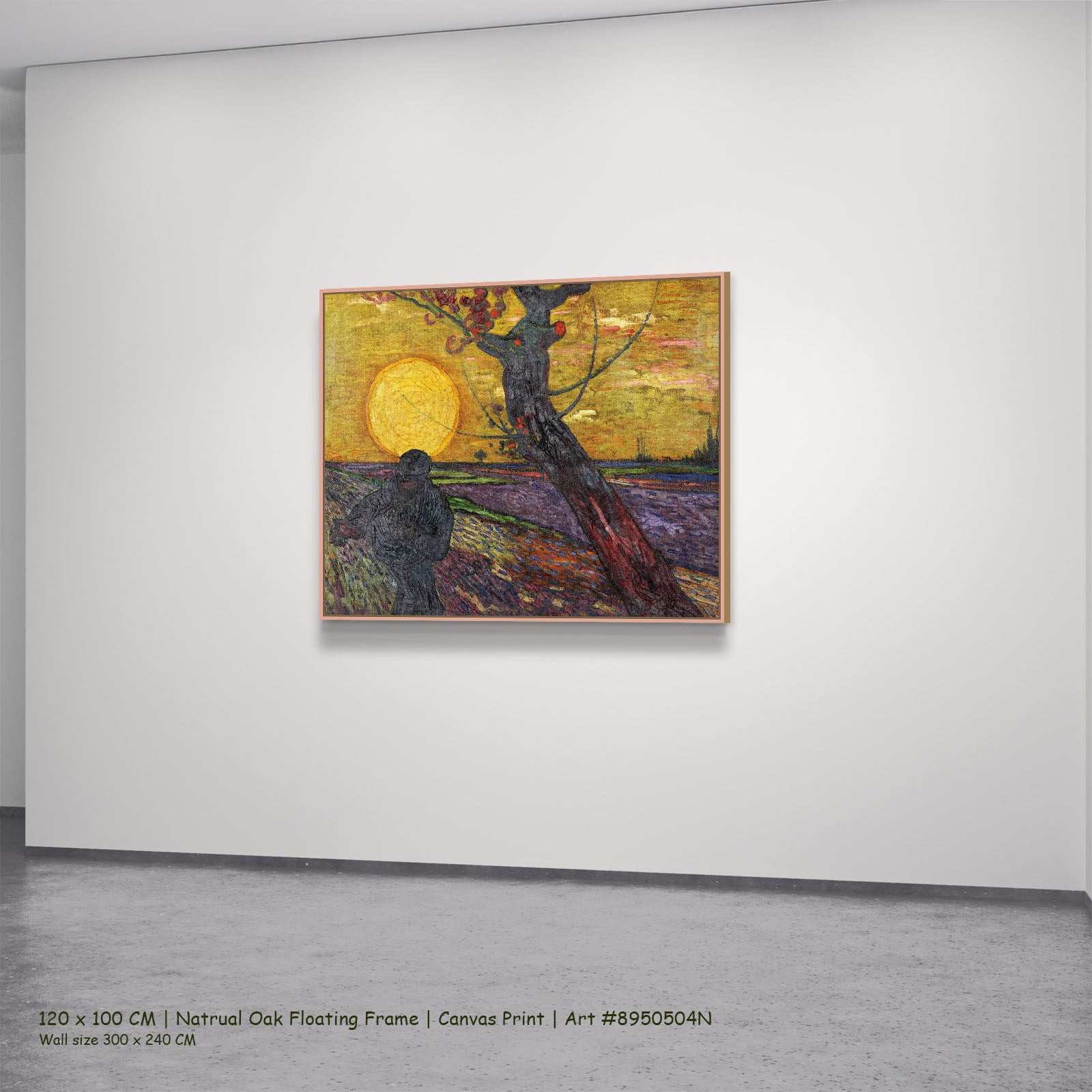 The Sower by Vincent van Gogh in a natural oak floating frame, large gold and purple Impressionist canvas