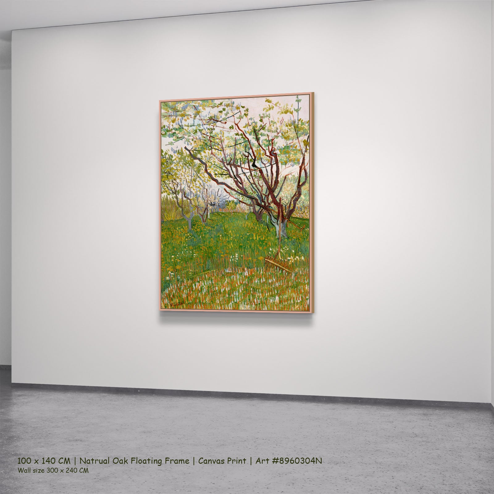 The Flowering Orchard by Vincent van Gogh in a natural oak floating frame, large green and white Impressionist canvas