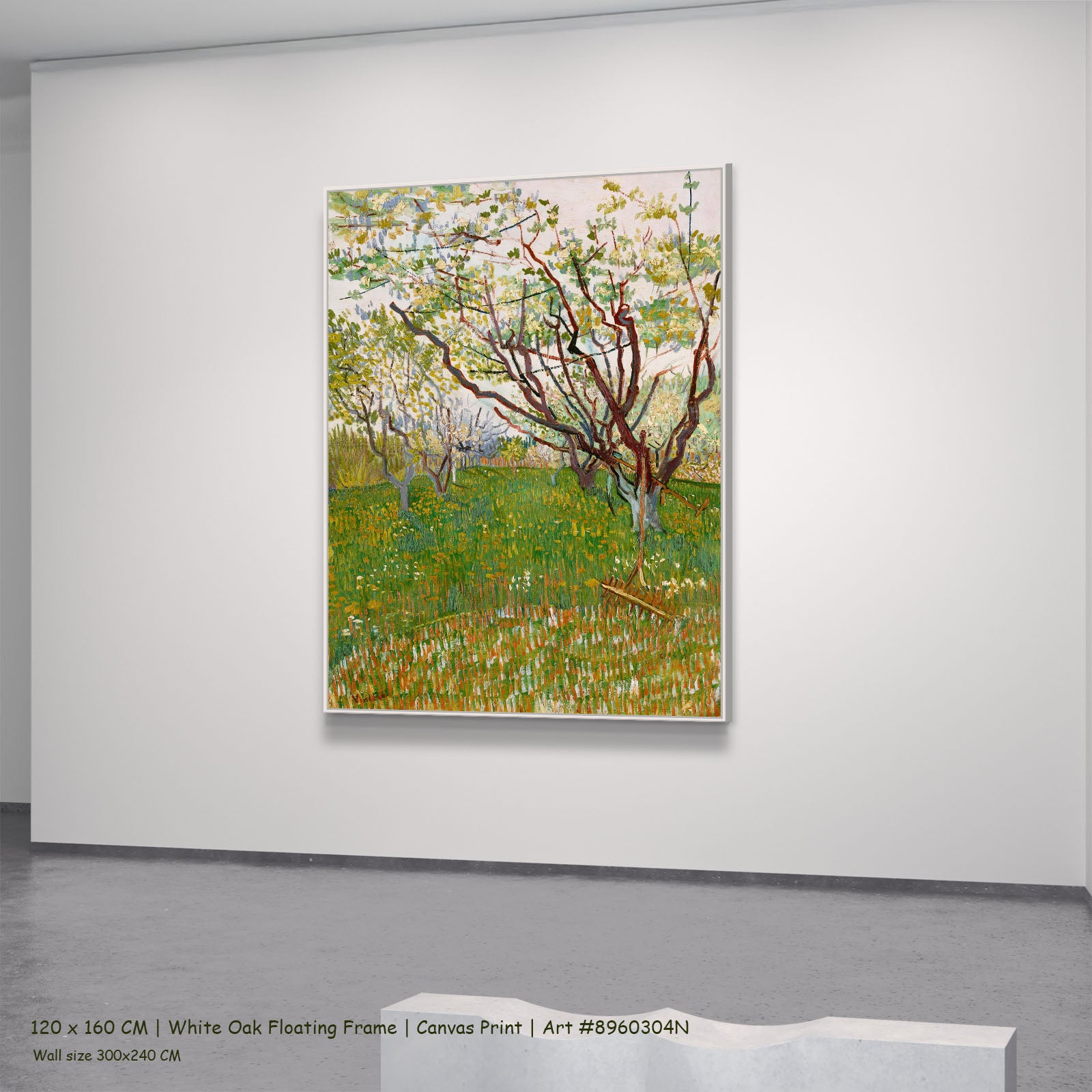 The Flowering Orchard by Vincent van Gogh in a white oak floating frame, large green and white Impressionist canvas