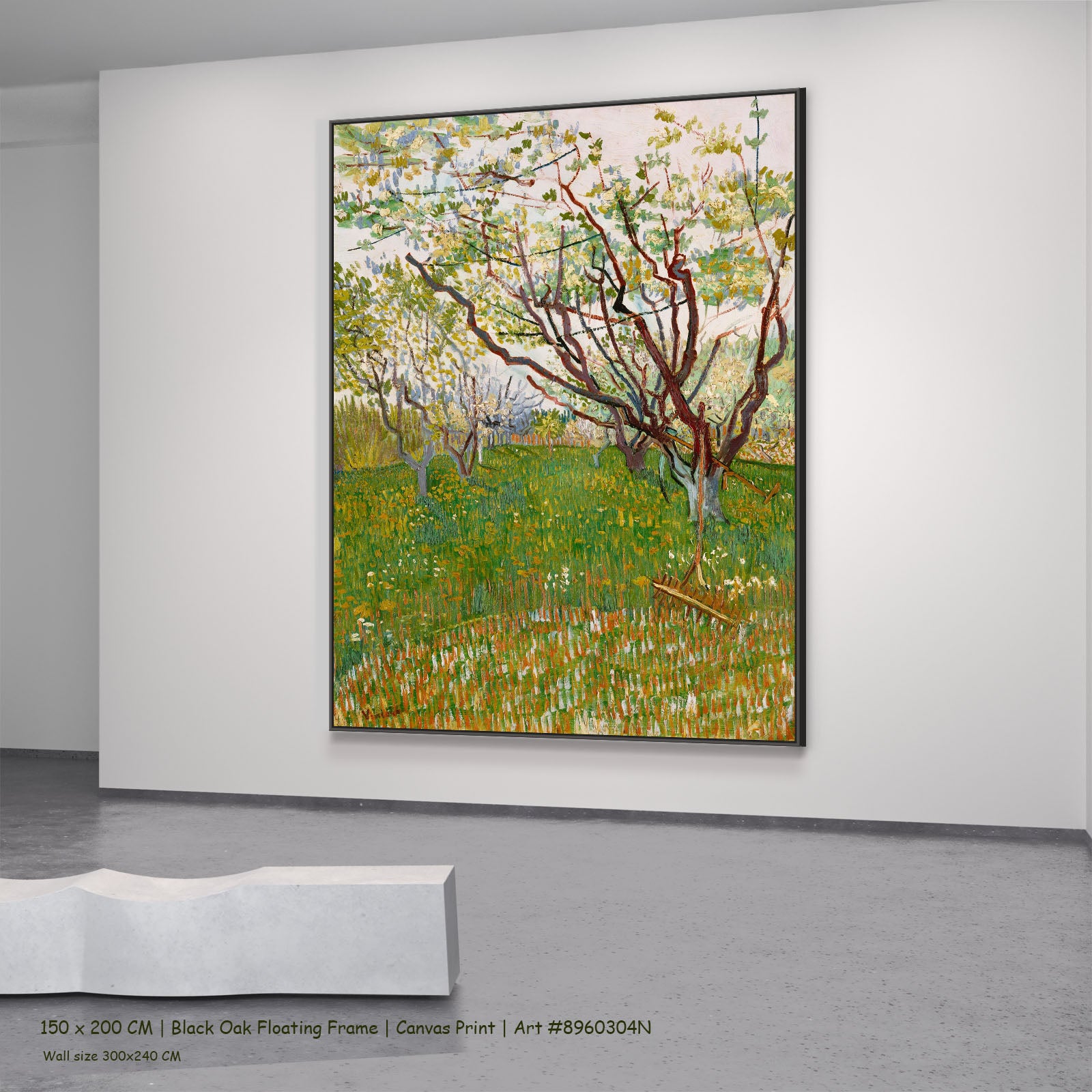 The Flowering Orchard by Vincent van Gogh in a black oak floating frame, large green and white Impressionist canvas