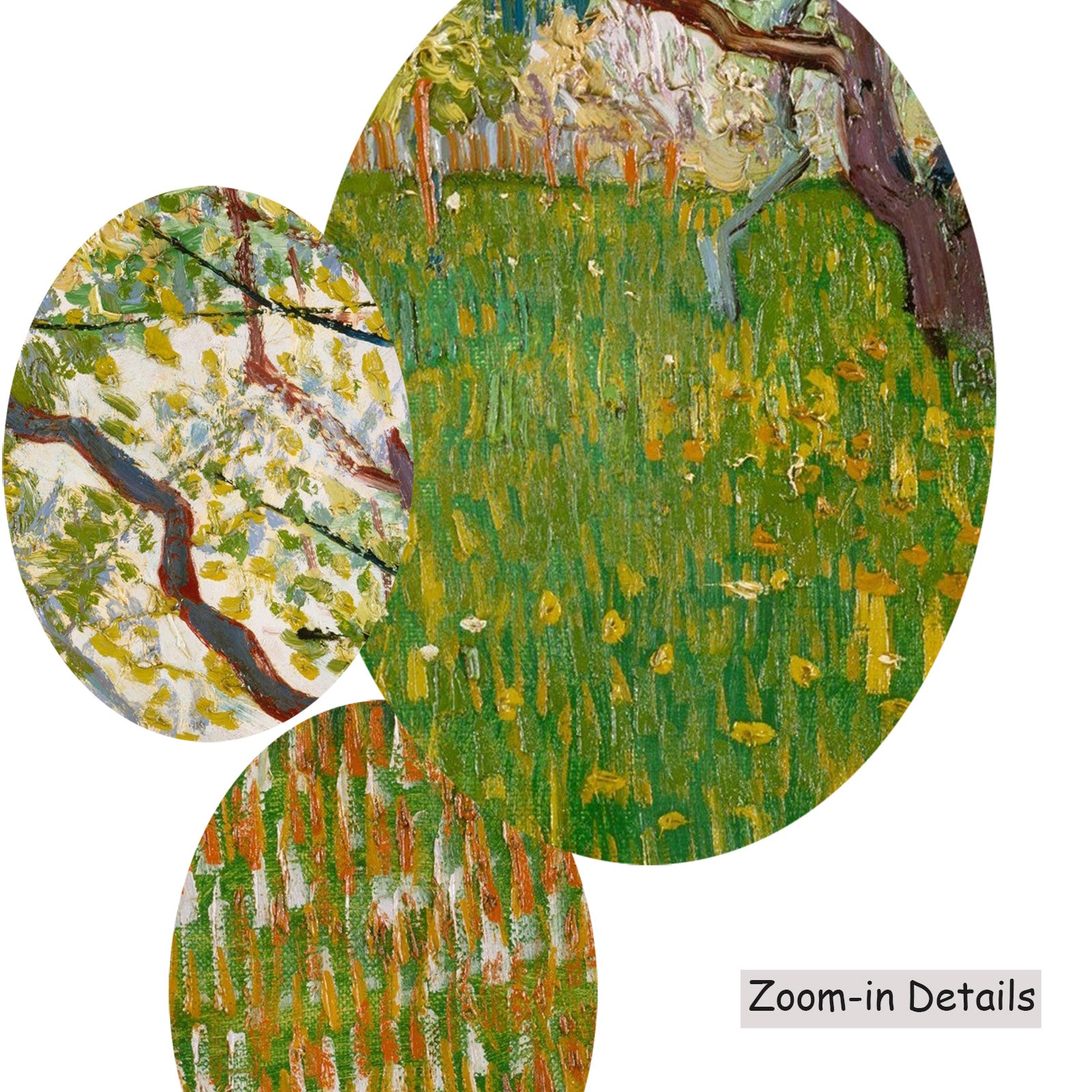 Close-up detail of the brushwork on The Flowering Orchard, a large green and white Impressionist canvas by Vincent van Gogh