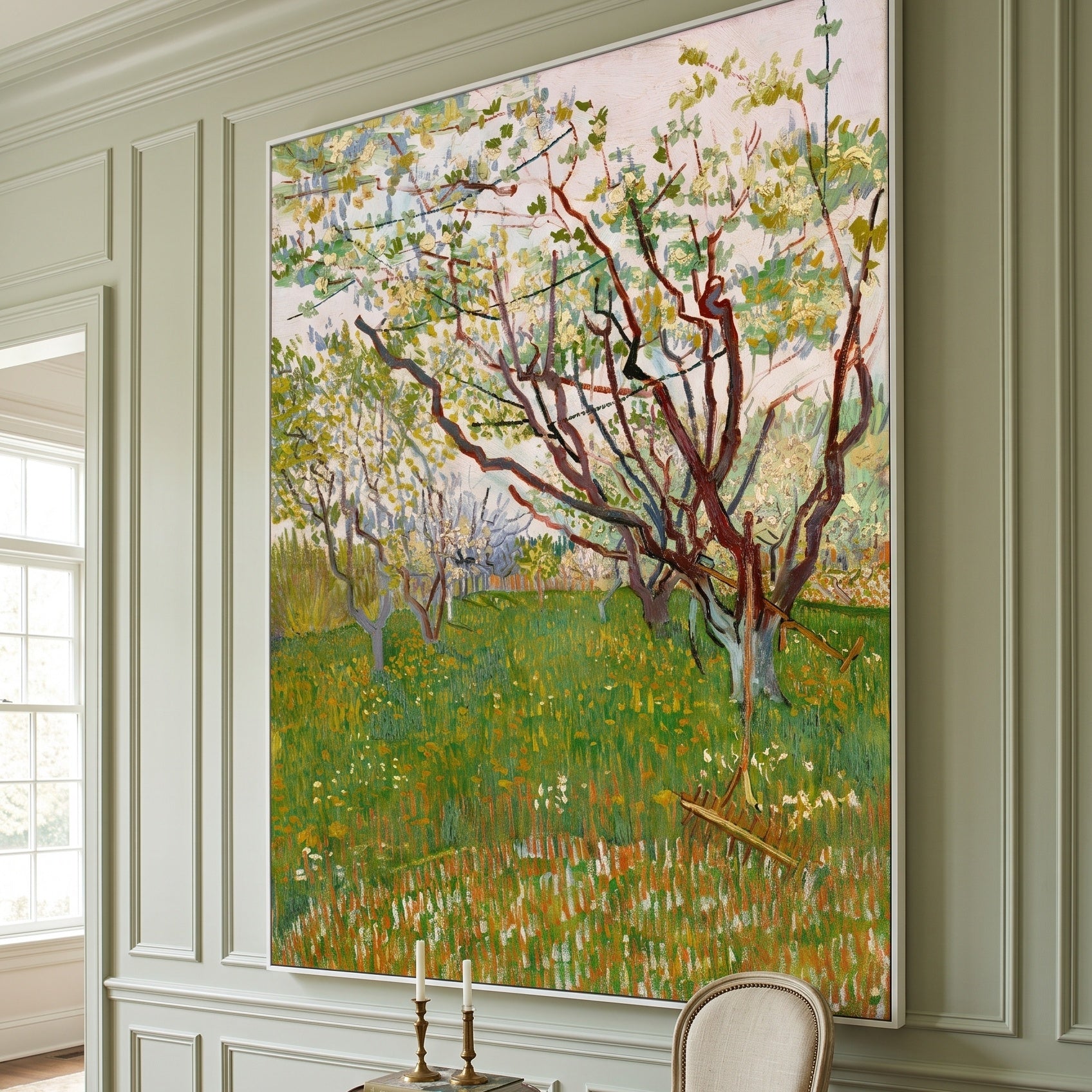 The Flowering Orchard by Vincent van Gogh — large green and white Impressionist canvas art on a hallway wall