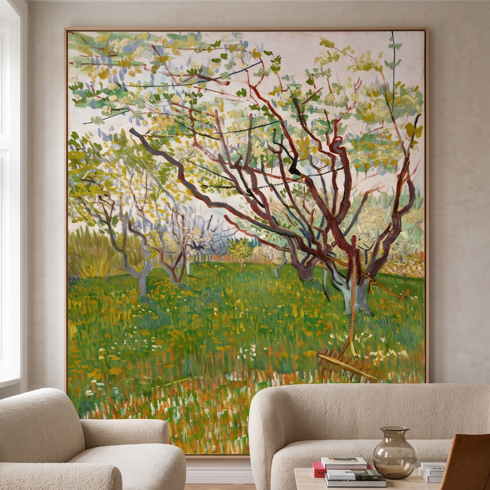 The Flowering Orchard by Vincent van Gogh — large green and white Impressionist canvas art on a living room wall