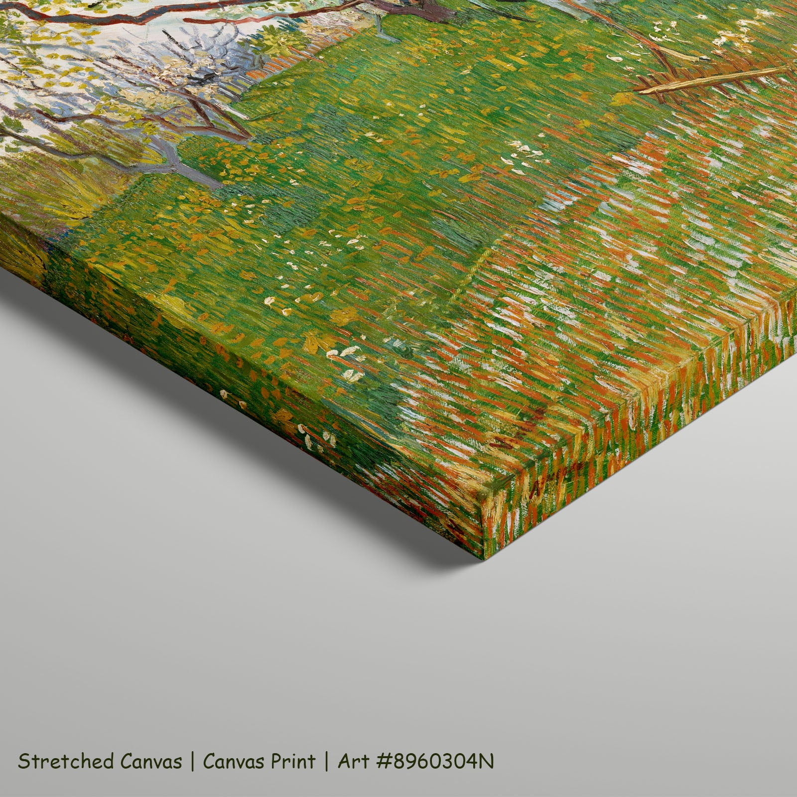 The Flowering Orchard by Vincent van Gogh as a large stretched green and white Impressionist canvas print