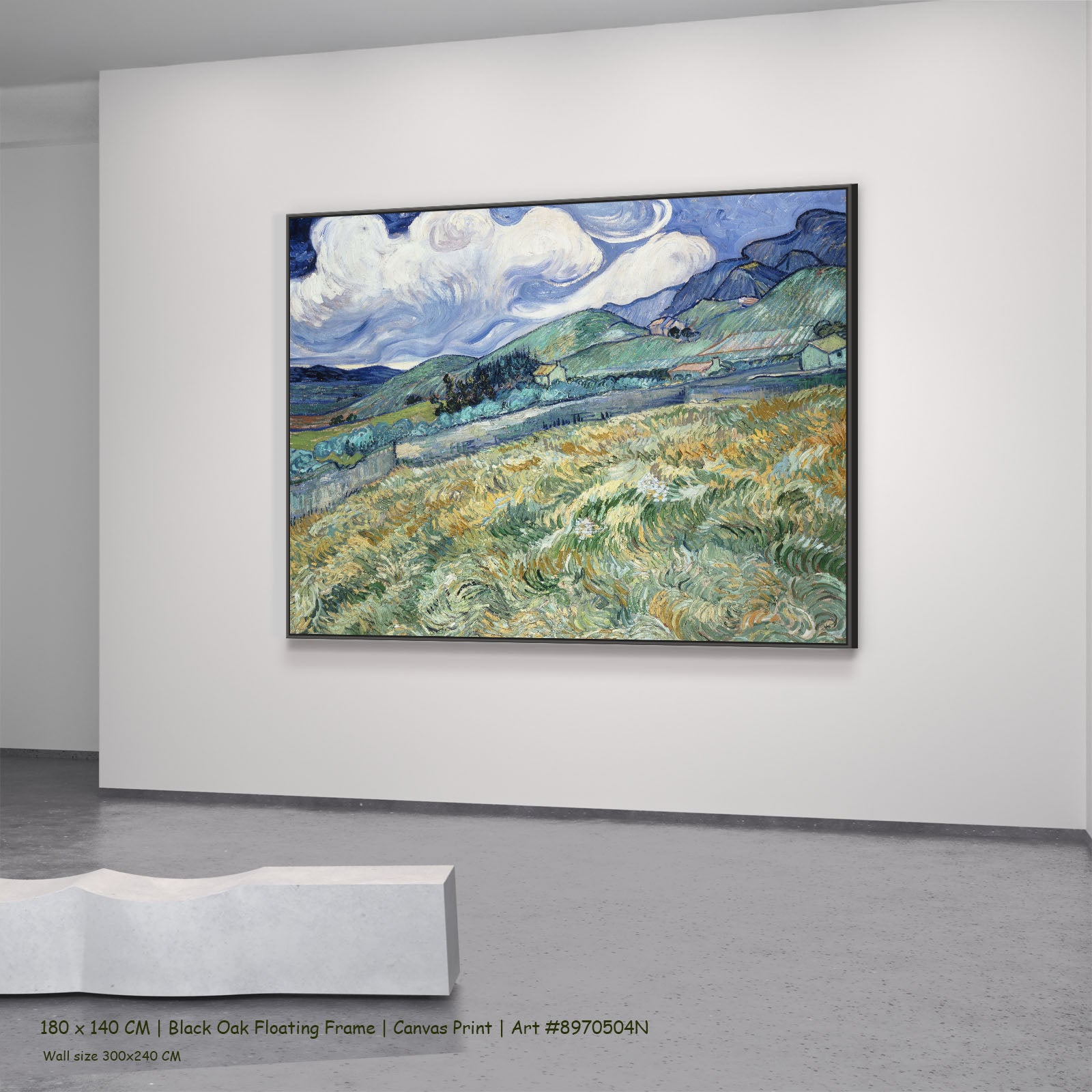 Landscape from Saint-Rémy by Vincent van Gogh in a black oak floating frame, large green and blue Impressionist canvas
