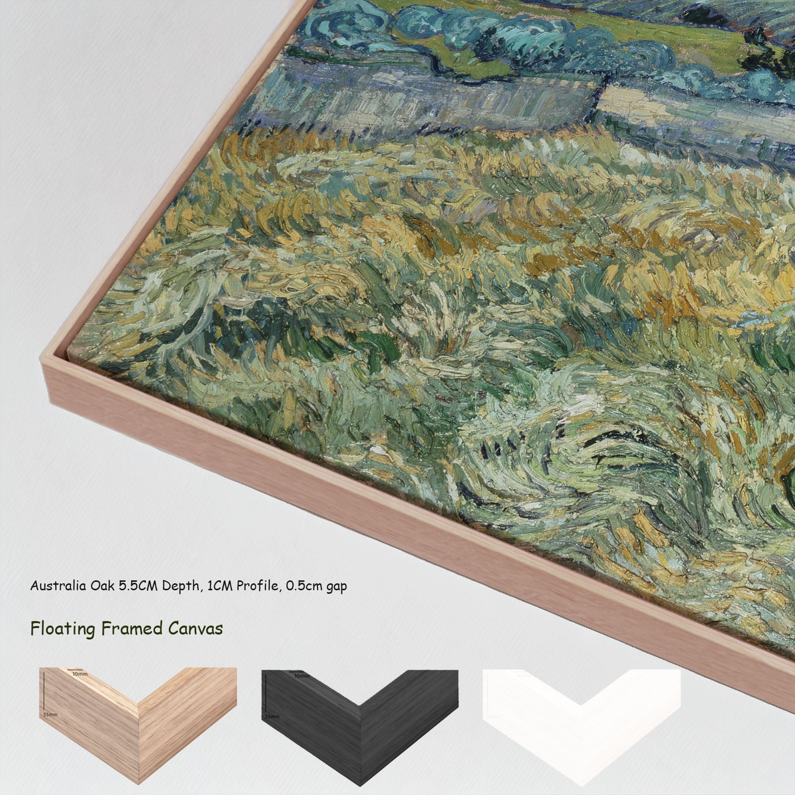 Landscape from Saint-Rémy by Vincent van Gogh in a floating frame, large green and blue Impressionist canvas print