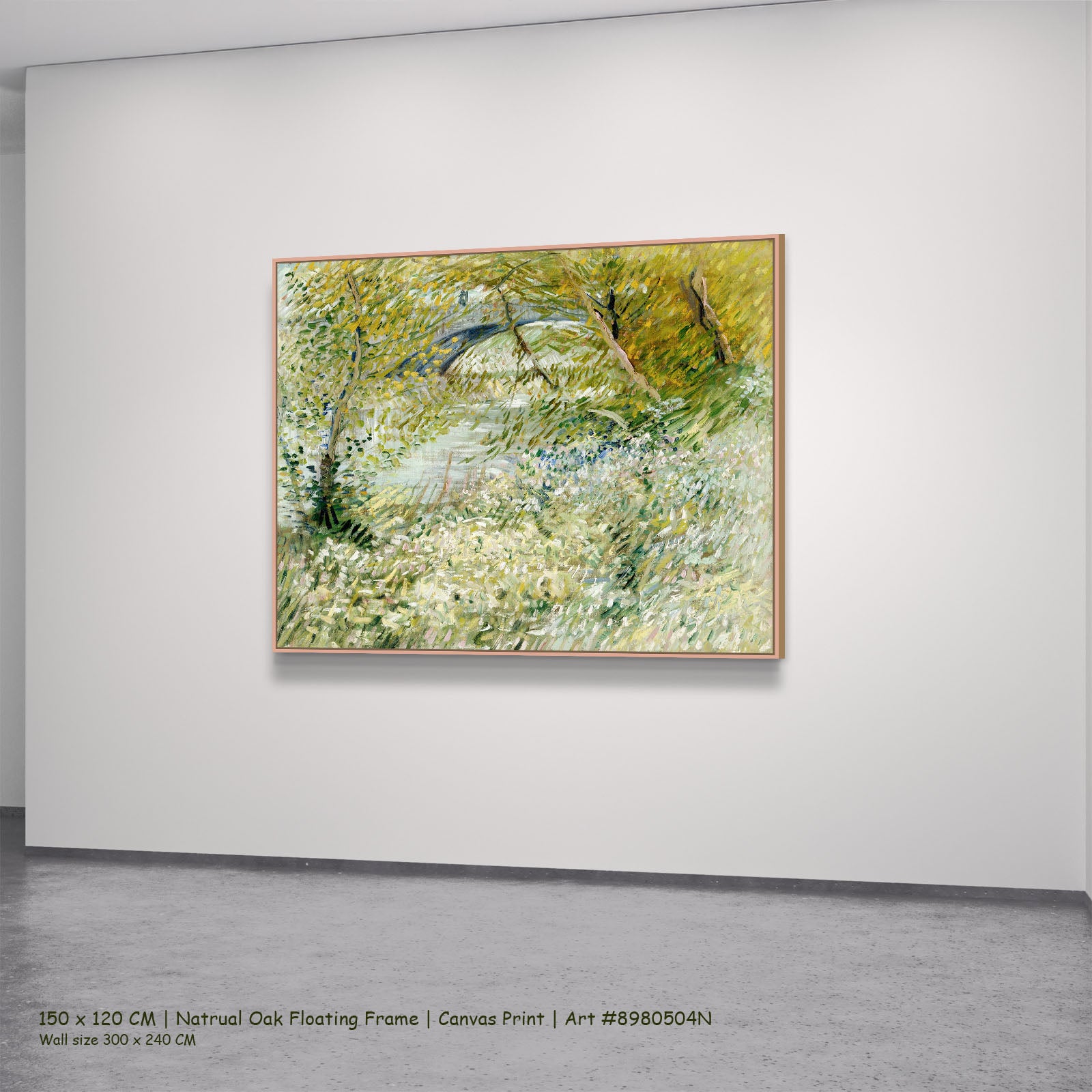 Banks of the Seine with Pont by Vincent van Gogh in a natural oak floating frame, large green and white Impressionist canvas