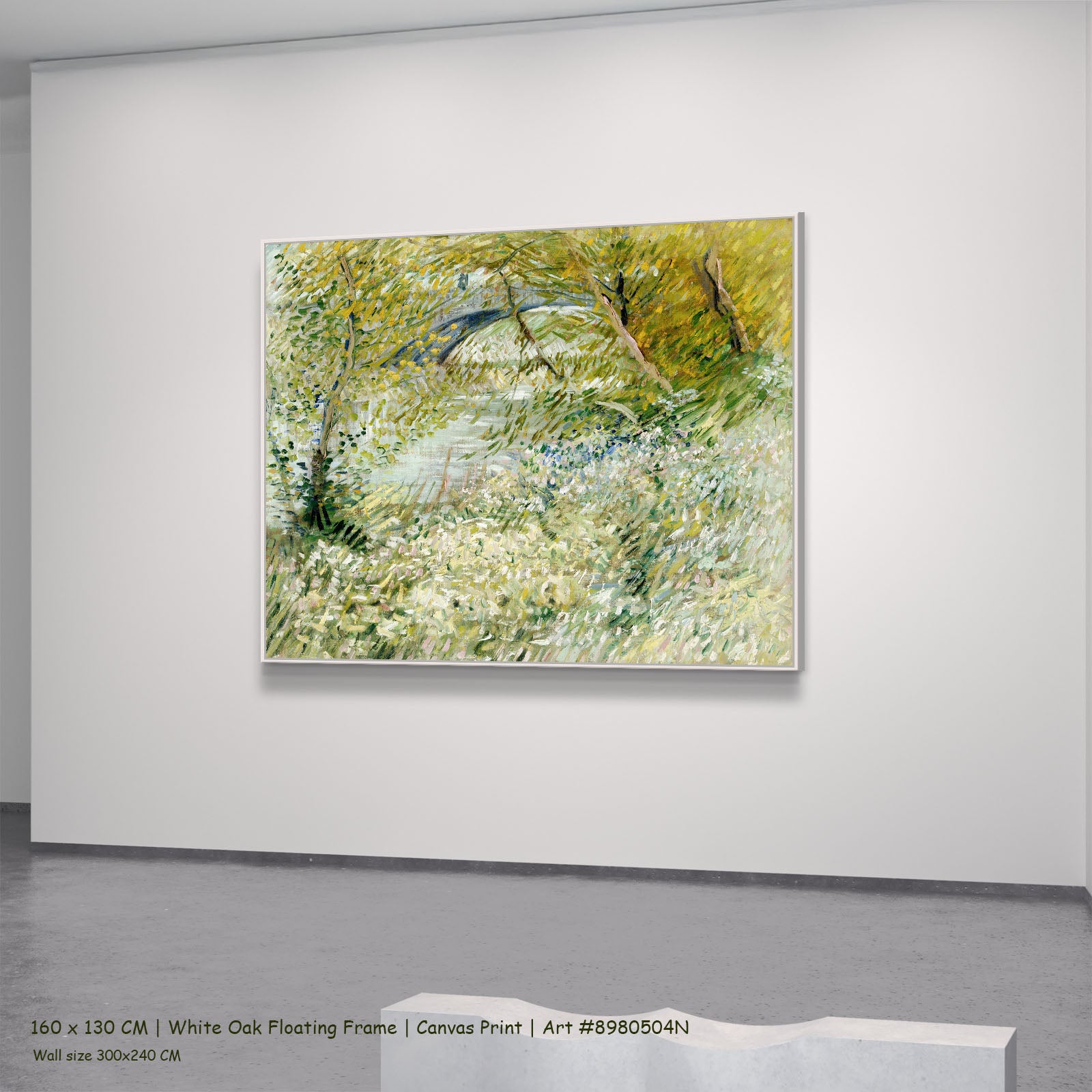 Banks of the Seine with Pont by Vincent van Gogh in a white oak floating frame, large green and white Impressionist canvas