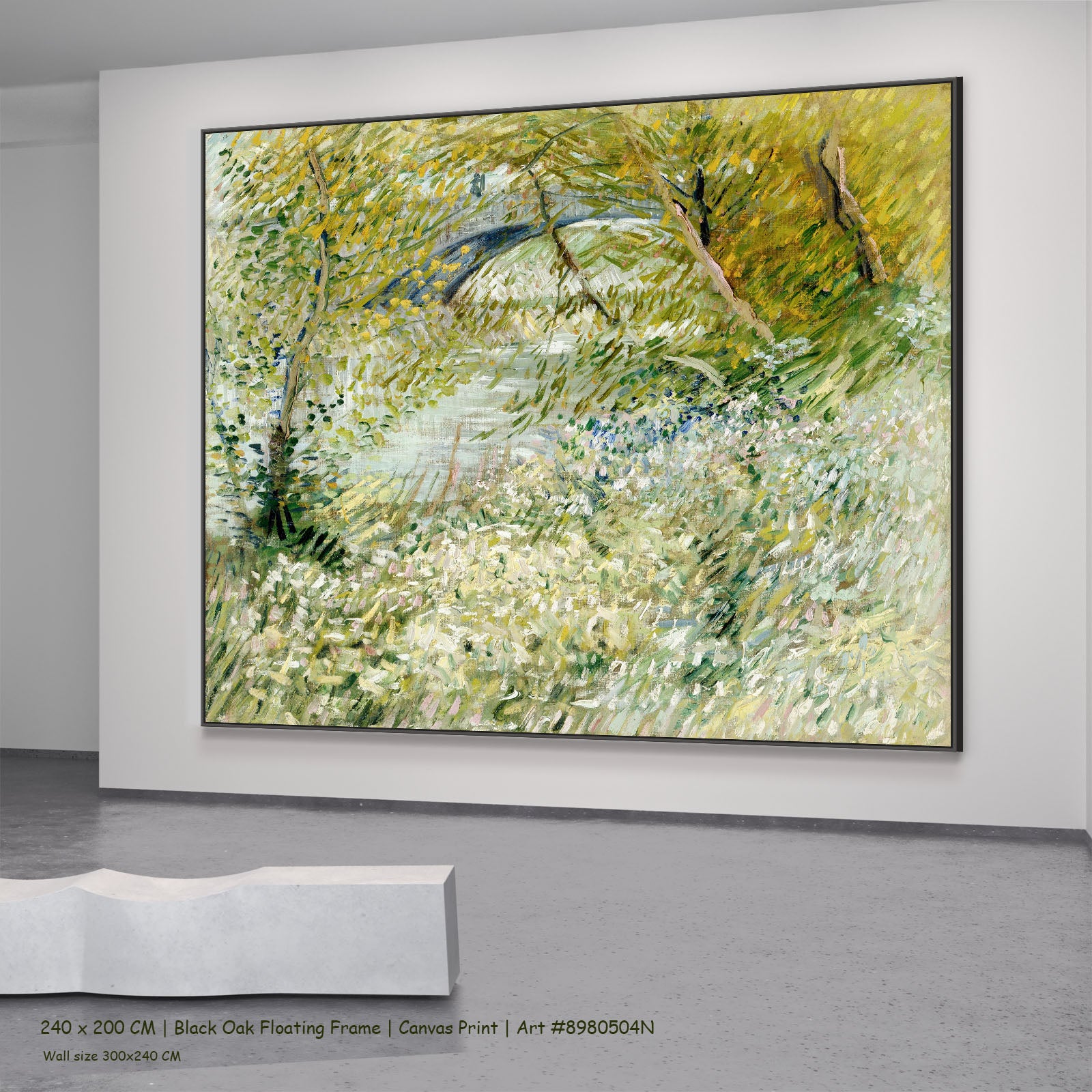 Banks of the Seine with Pont by Vincent van Gogh in a black oak floating frame, large green and white Impressionist canvas