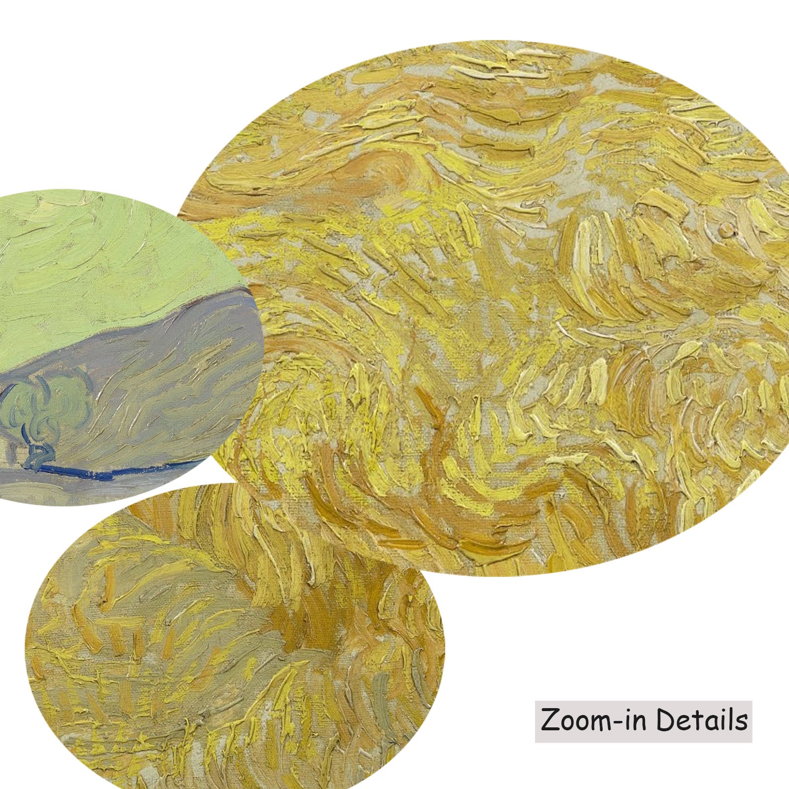 Close-up detail of the brushwork on Wheatfield with a Reaper, a large gold and green Impressionist canvas by Vincent van Gogh