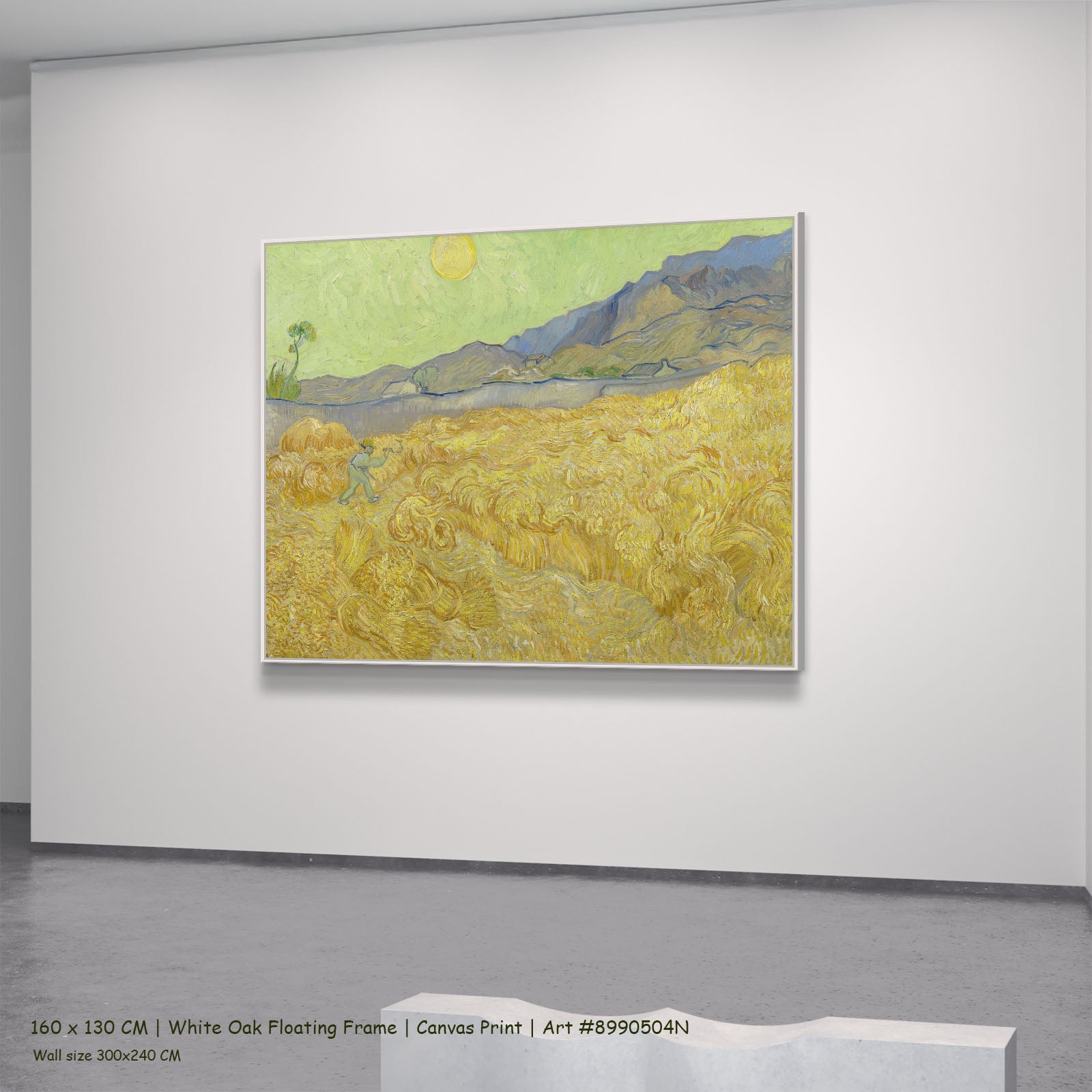 Wheatfield with a Reaper by Vincent van Gogh in a white oak floating frame, large gold and green Impressionist canvas