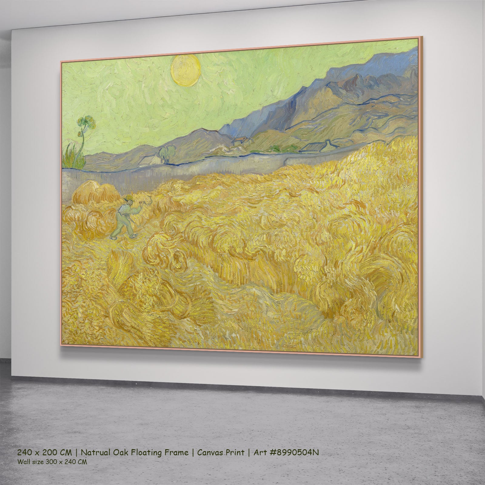 Wheatfield with a Reaper by Vincent van Gogh in a natural oak floating frame, large gold and green Impressionist canvas
