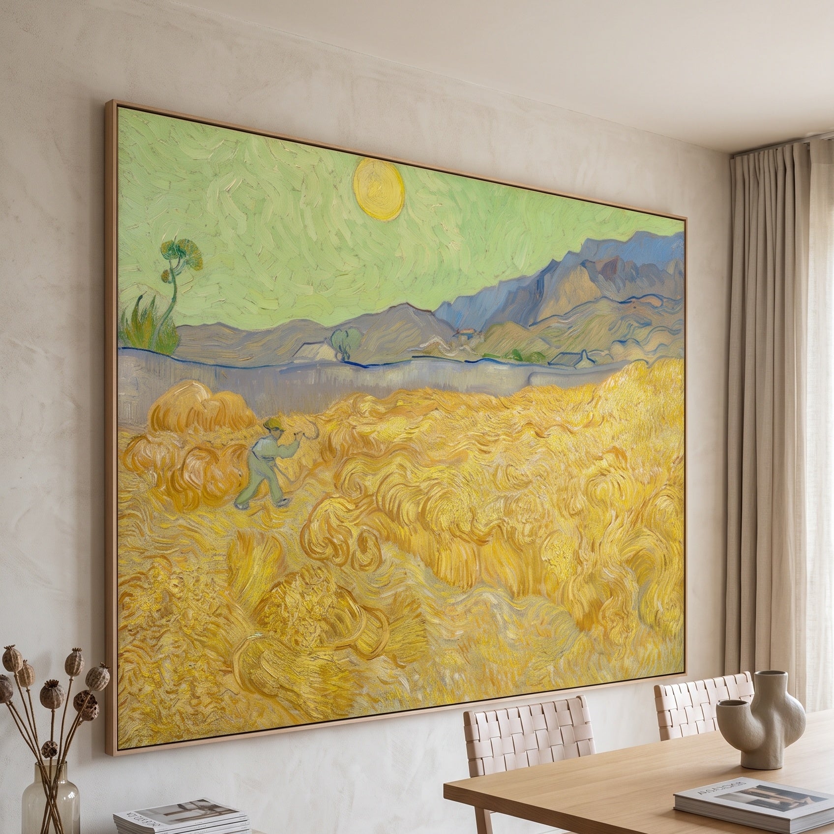 Wheatfield with a Reaper by Vincent van Gogh — large gold and green Impressionist canvas art displayed on a wall