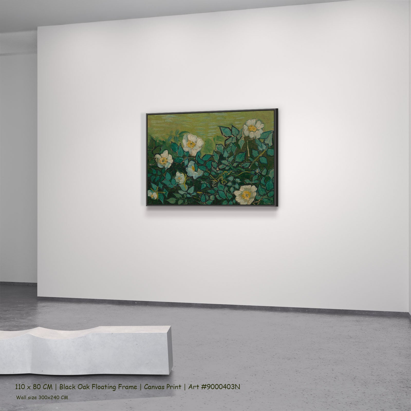 Wild Roses by Vincent van Gogh in a black oak floating frame, large green and olive Impressionist canvas
