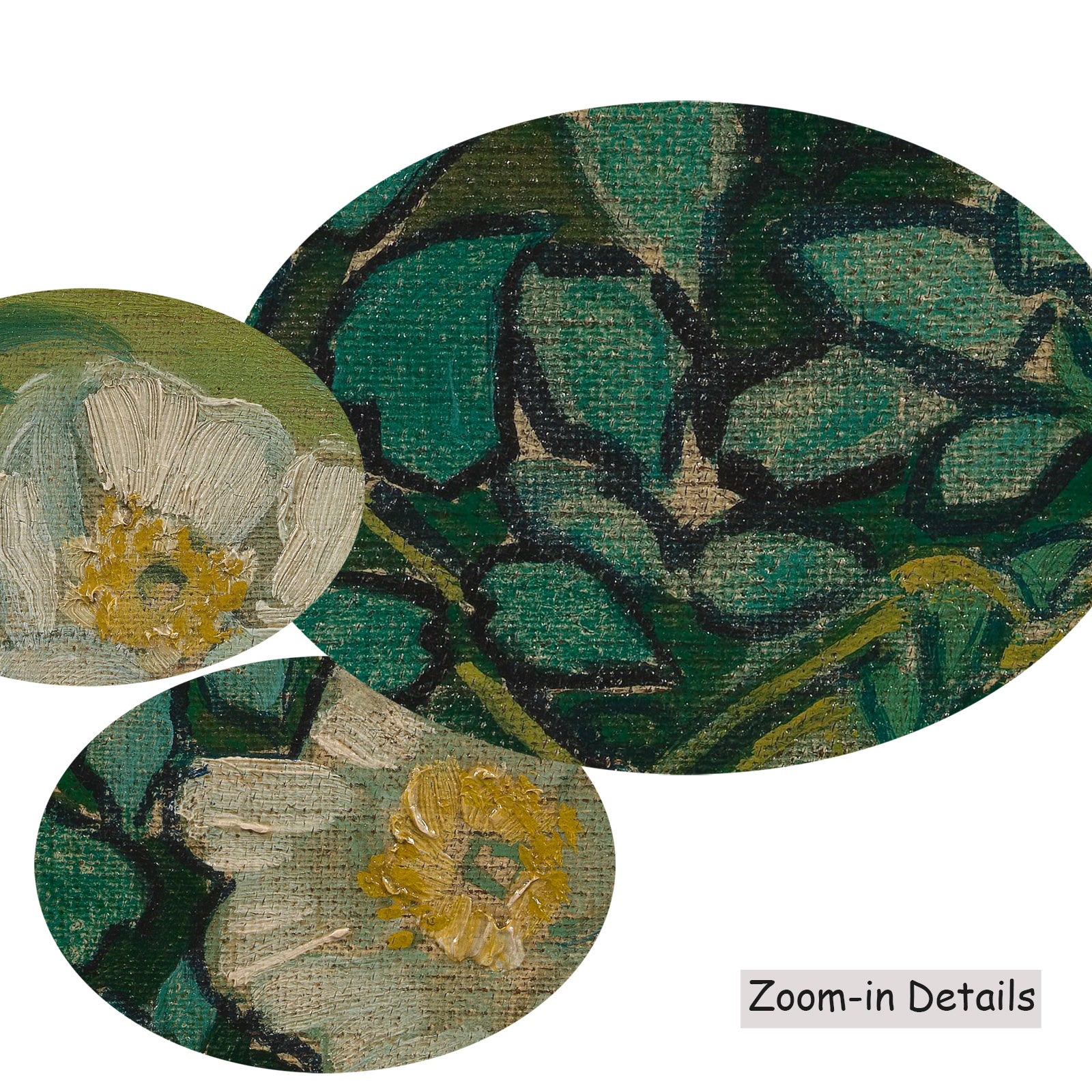 Close-up detail of the brushwork on Wild Roses, a large green and olive Impressionist canvas by Vincent van Gogh