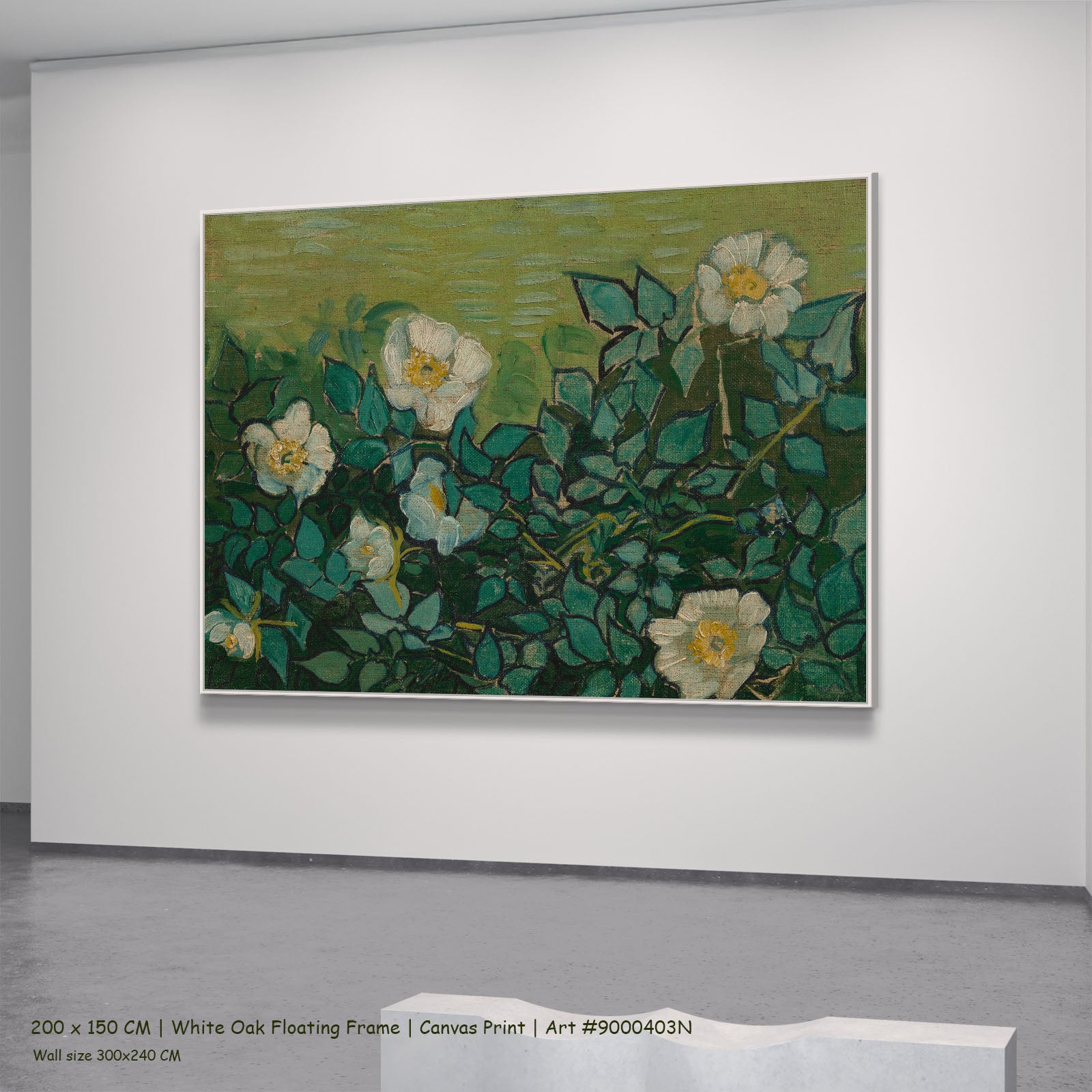 Wild Roses by Vincent van Gogh in a white oak floating frame, large green and olive Impressionist canvas