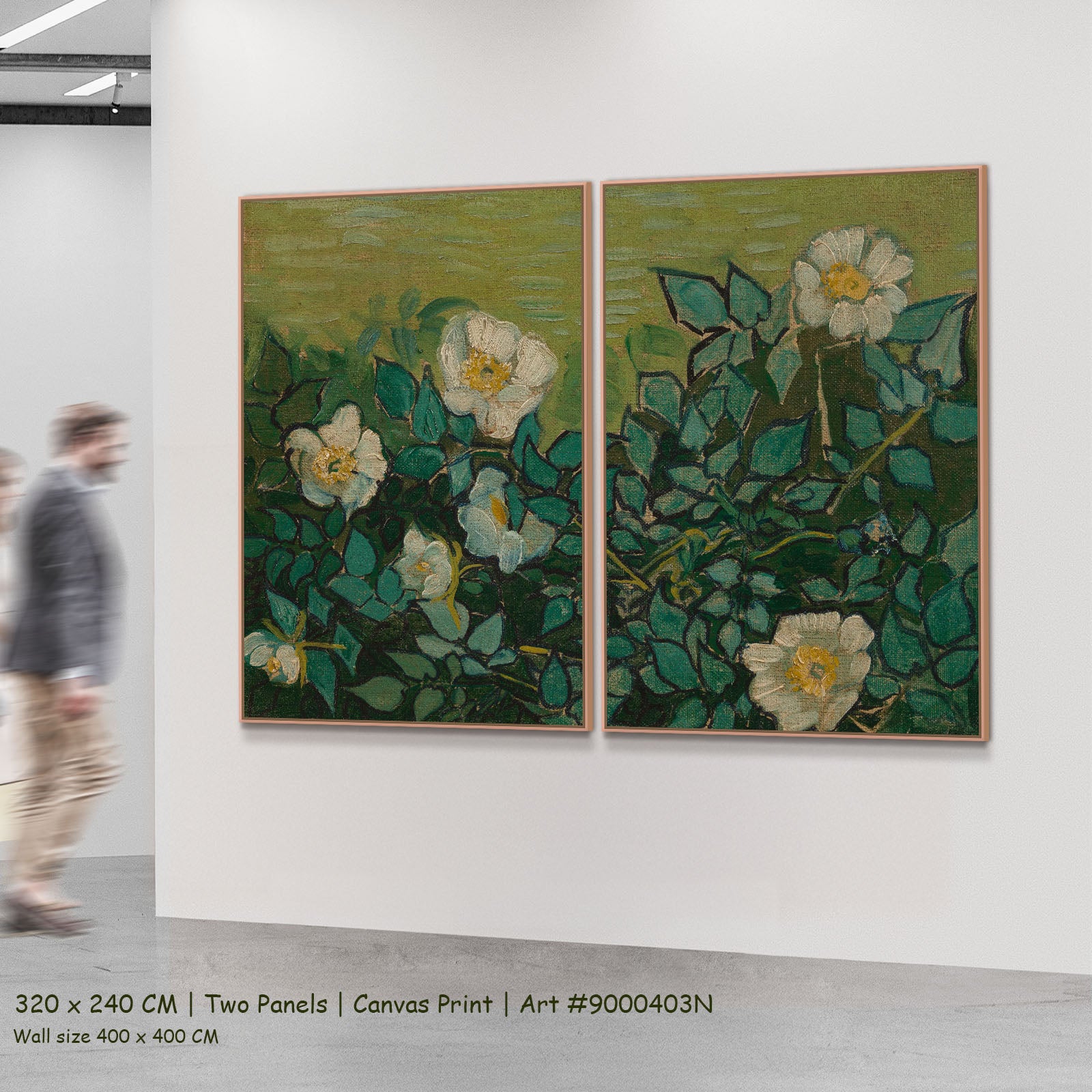 Wild Roses by Vincent van Gogh as a large two-panel green and olive Impressionist canvas set