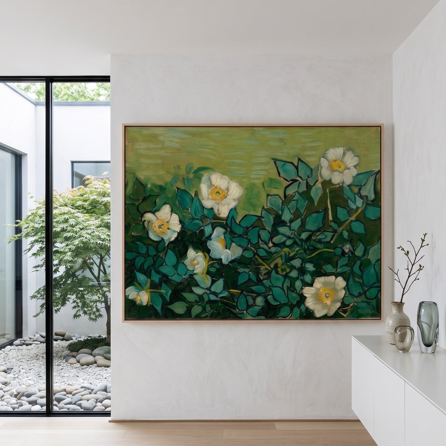 Wild Roses by Vincent van Gogh — large green and olive Impressionist canvas art on a entryway wall