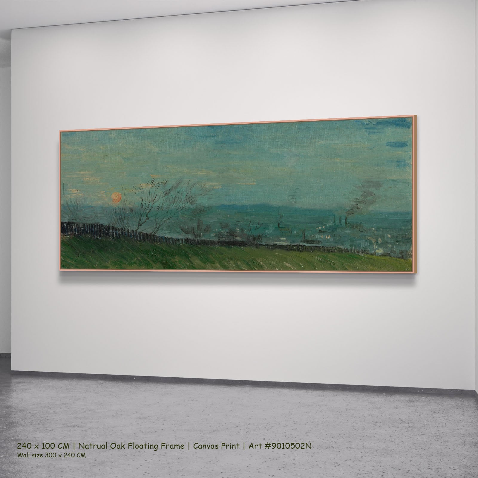 Sunset in Montmartre by Vincent van Gogh in a natural oak floating frame, large blue and green Impressionist canvas