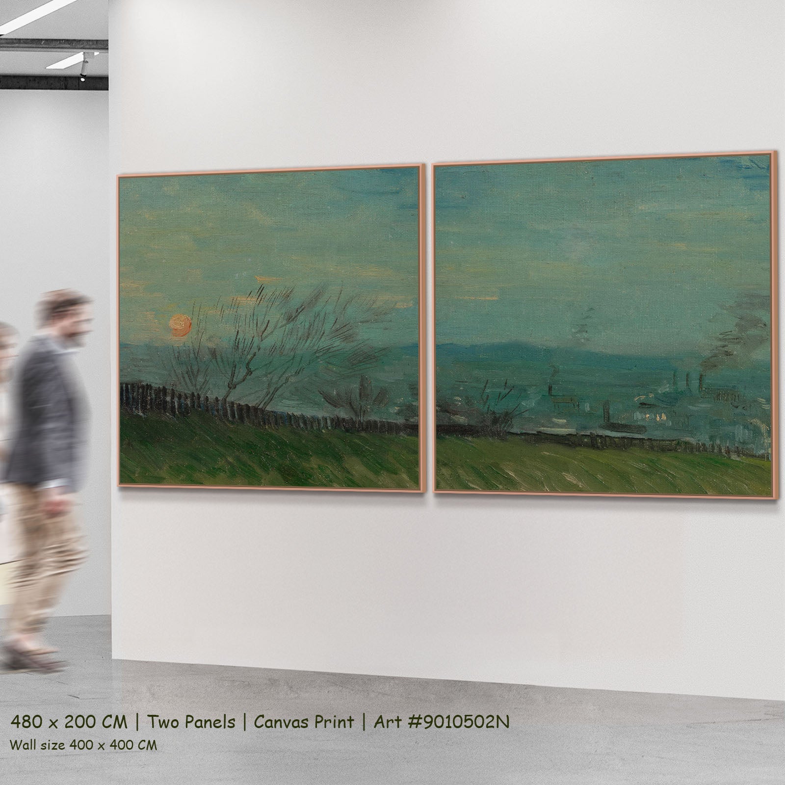 Sunset in Montmartre by Vincent van Gogh as a large two-panel blue and green Impressionist canvas set