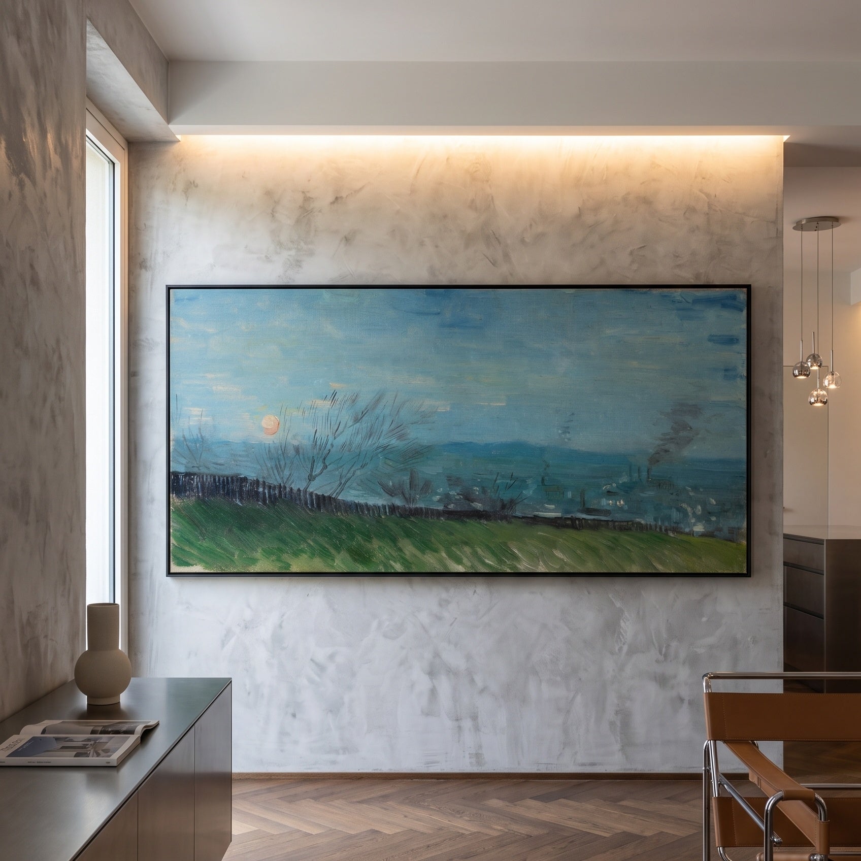 Sunset in Montmartre by Vincent van Gogh — large blue and green Impressionist canvas art displayed on a wall