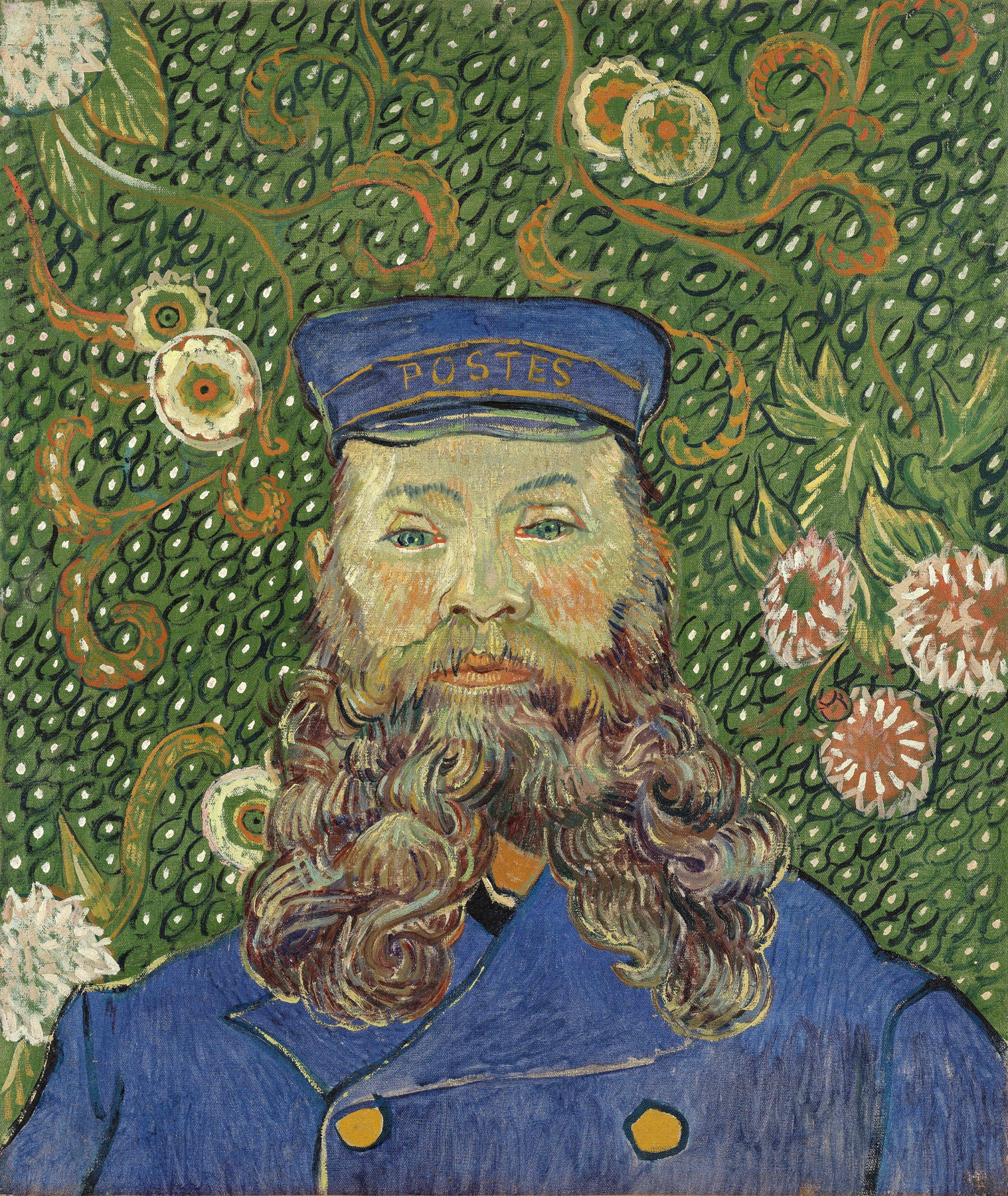 Large green and blue Impressionist canvas print of Portrait of Joseph Roulin by Vincent van Gogh