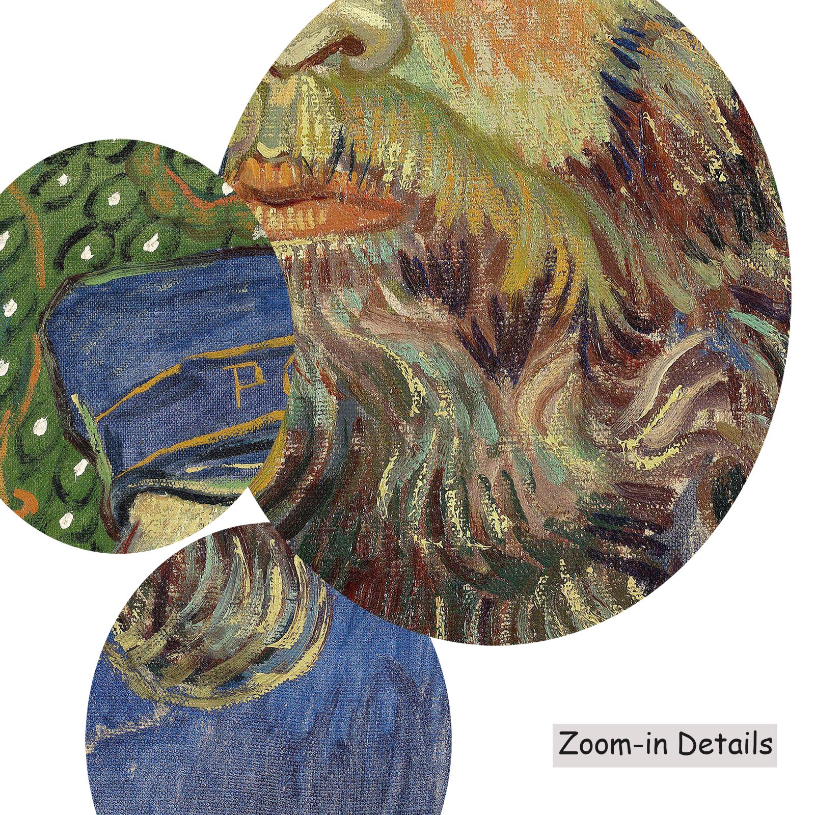 Close-up detail of the brushwork on Portrait of Joseph Roulin, a large green and blue Impressionist canvas by Vincent van Gog