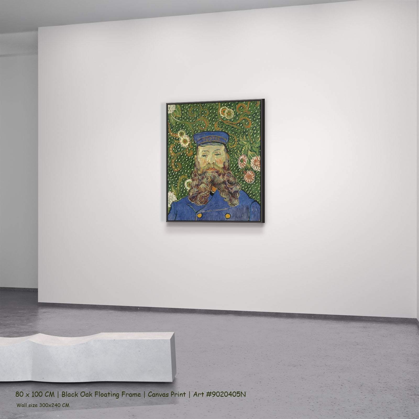 Portrait of Joseph Roulin by Vincent van Gogh in a black oak floating frame, large green and blue Impressionist canvas