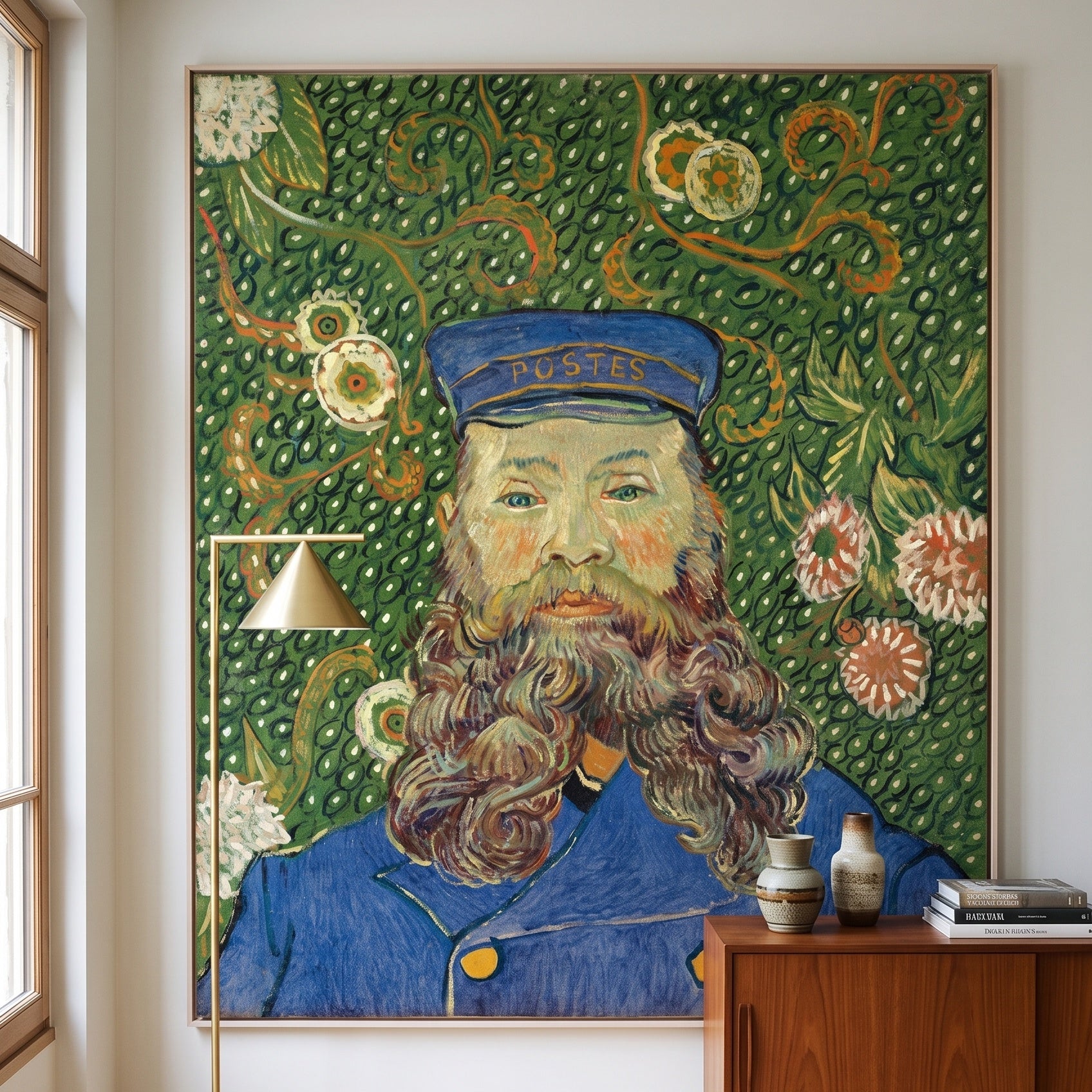 Portrait of Joseph Roulin by Vincent van Gogh — large green and blue Impressionist canvas art displayed on a wall
