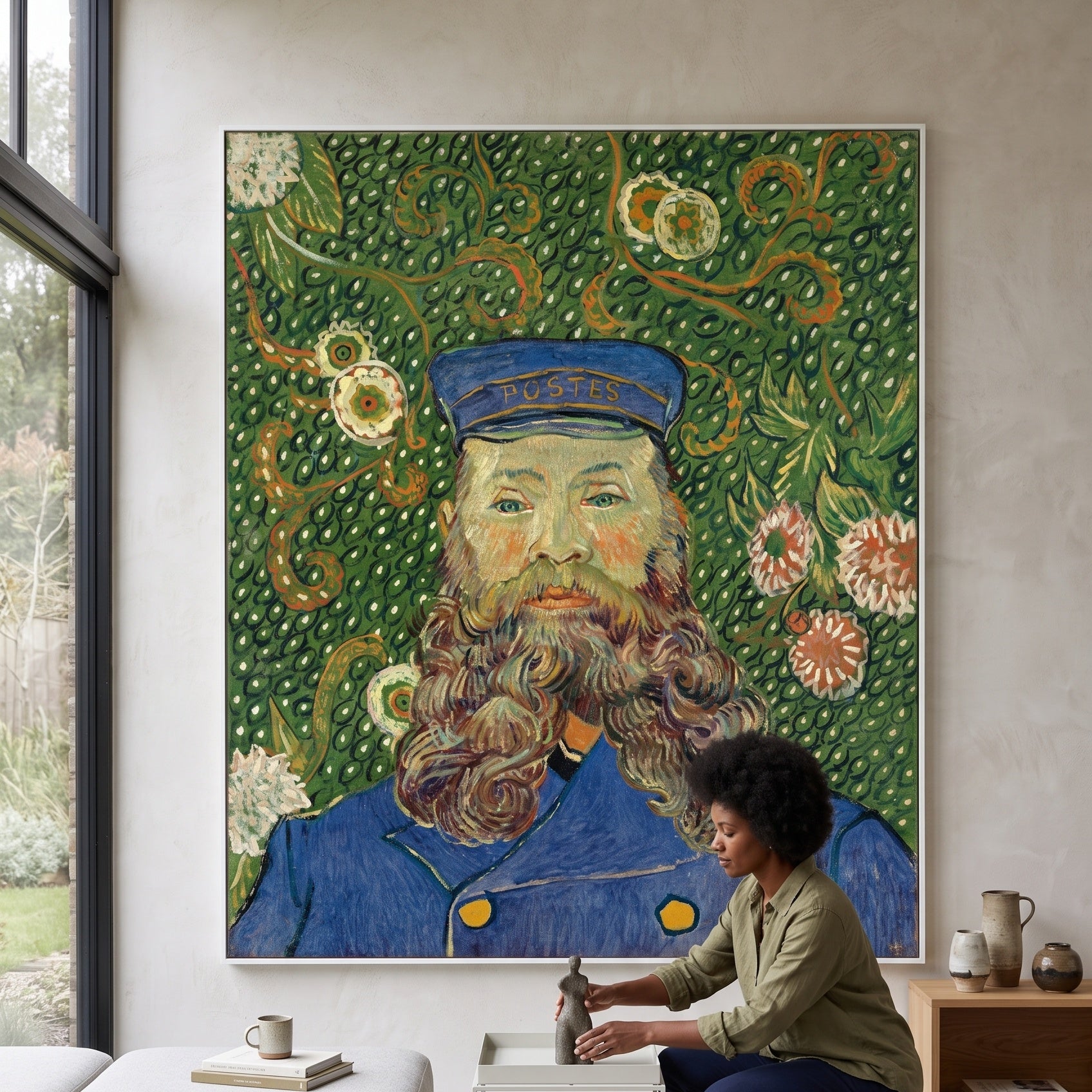 Portrait of Joseph Roulin by Vincent van Gogh — large green and blue Impressionist canvas art on a living room wall