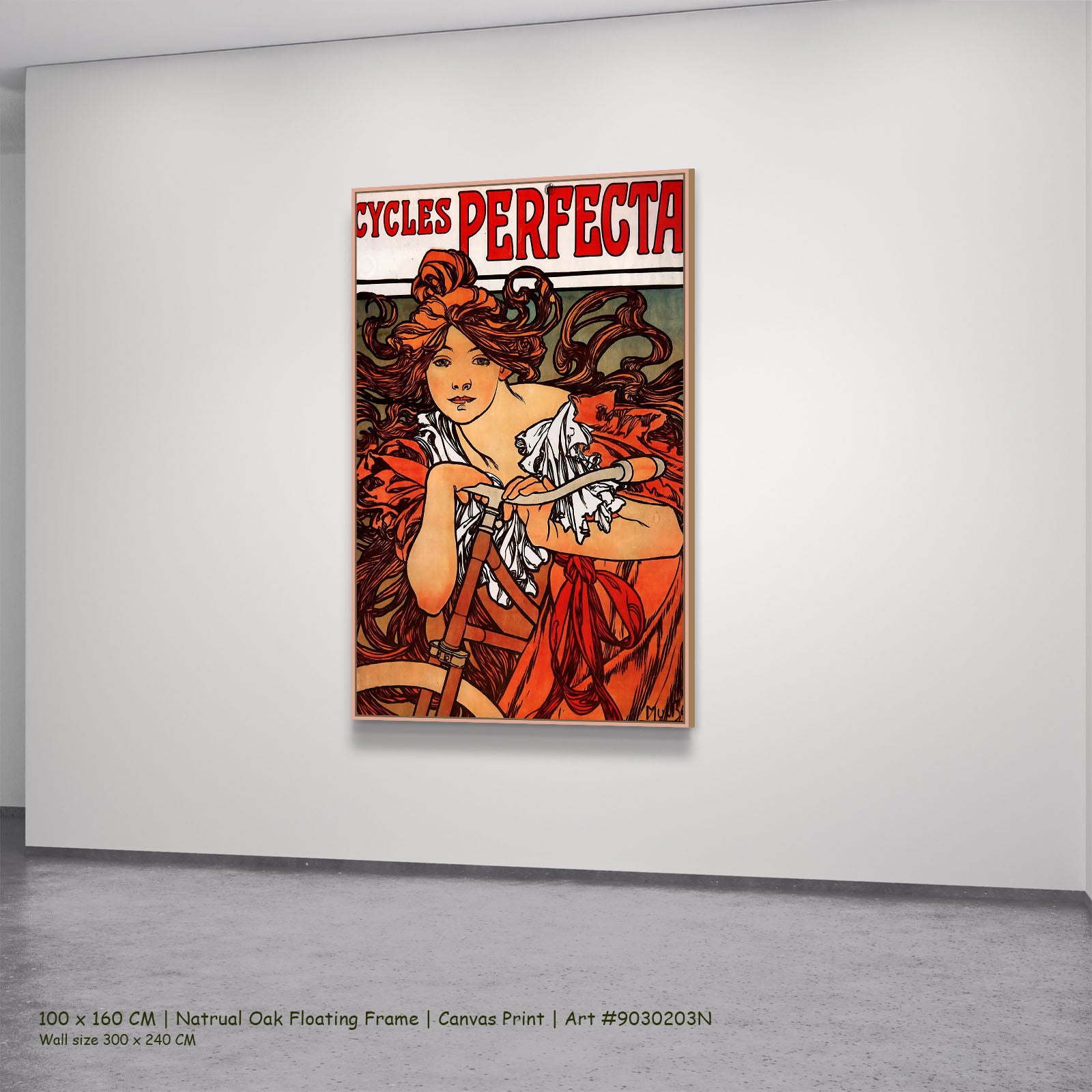 Cycles Perfecta by Alphonse Mucha in a natural oak floating frame, large red and orange Art Nouveau canvas