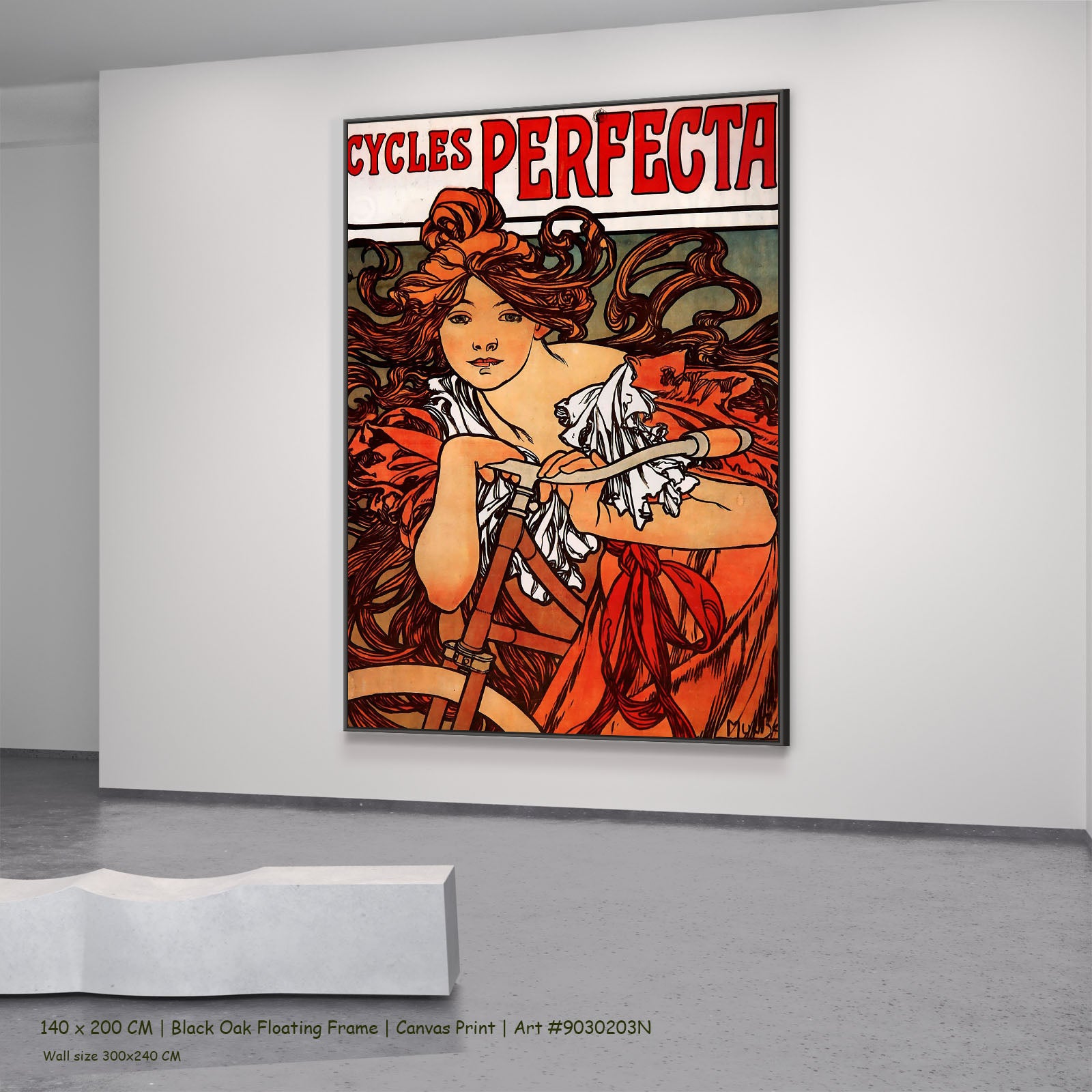 Cycles Perfecta by Alphonse Mucha in a black oak floating frame, large red and orange Art Nouveau canvas