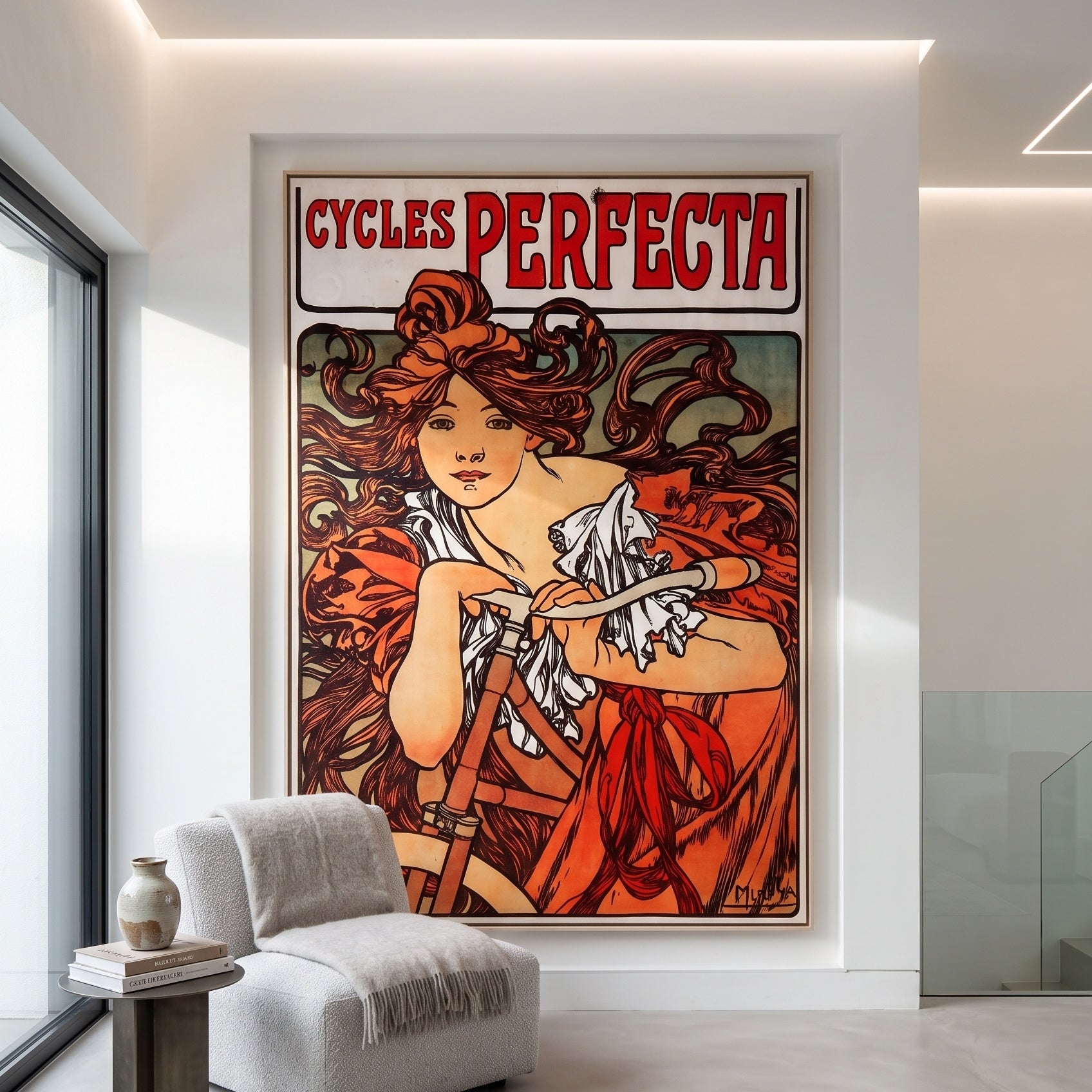 Cycles Perfecta by Alphonse Mucha — large red and orange Art Nouveau canvas art on a living room wall