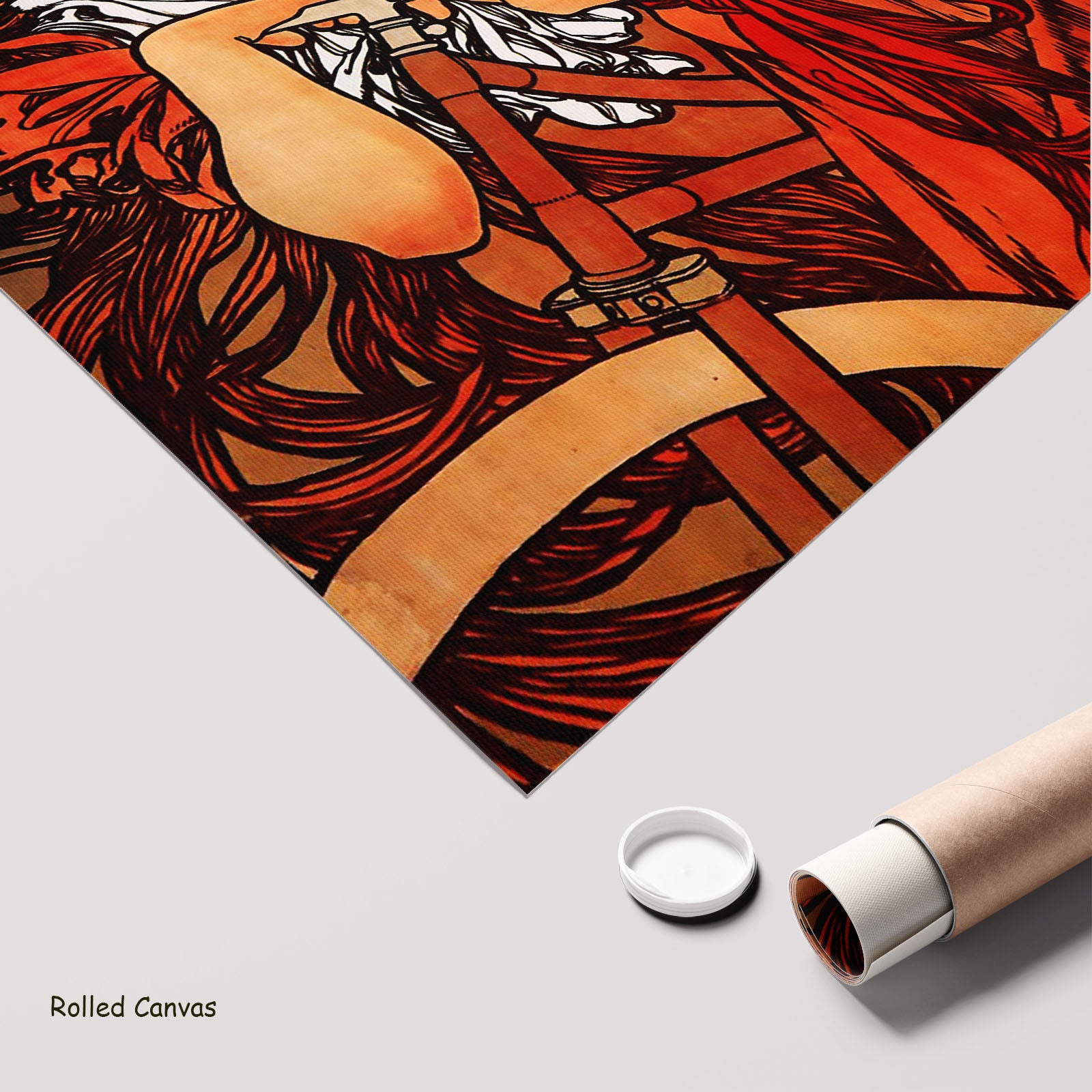 Cycles Perfecta by Alphonse Mucha as a large rolled red and orange Art Nouveau canvas print