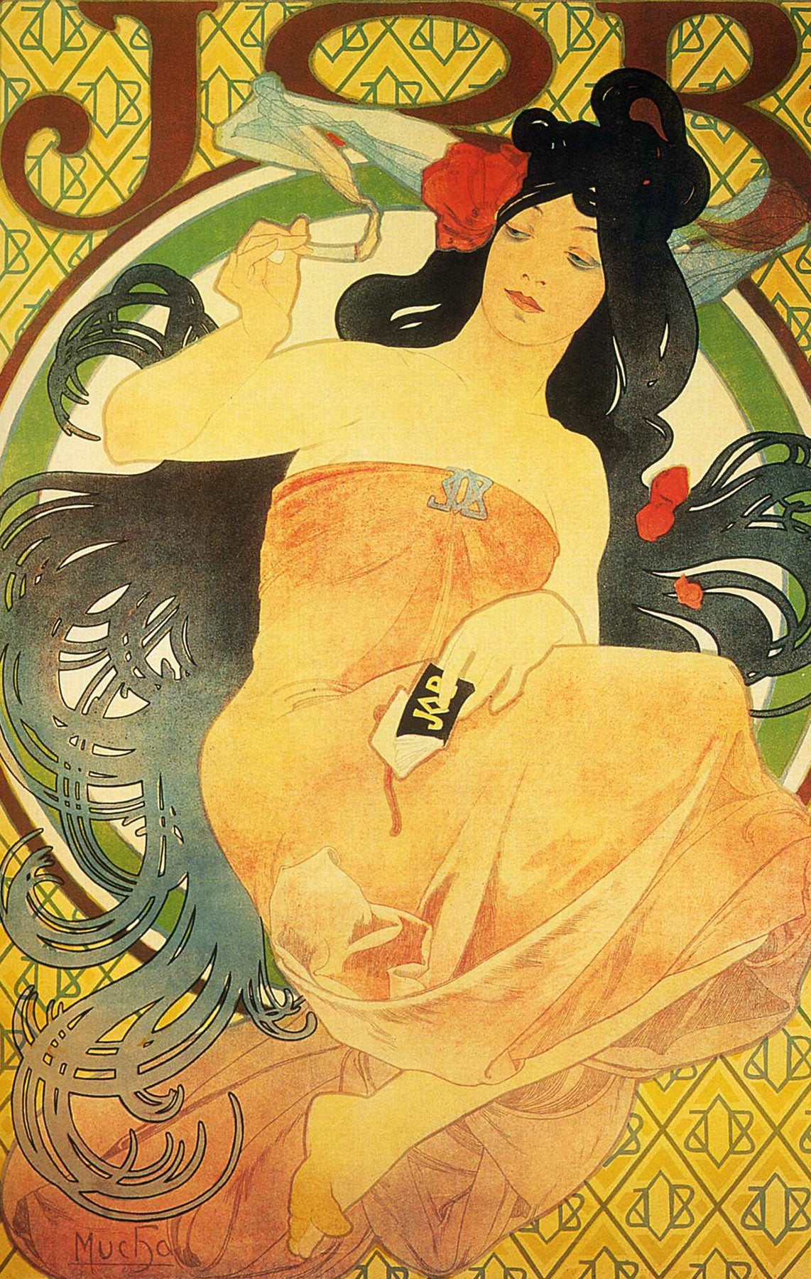Large gold and orange Art Nouveau canvas print of Job by Alphonse Mucha
