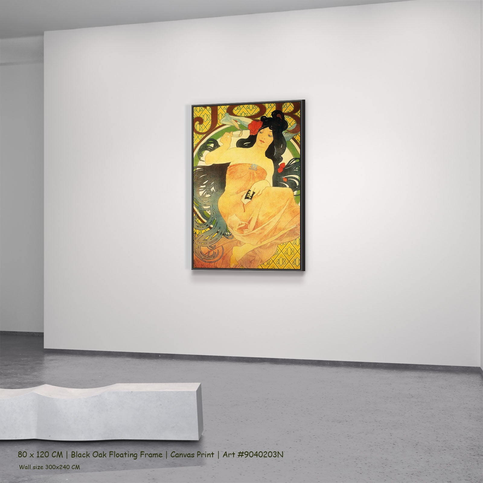 Job by Alphonse Mucha in a black oak floating frame, large gold and orange Art Nouveau canvas