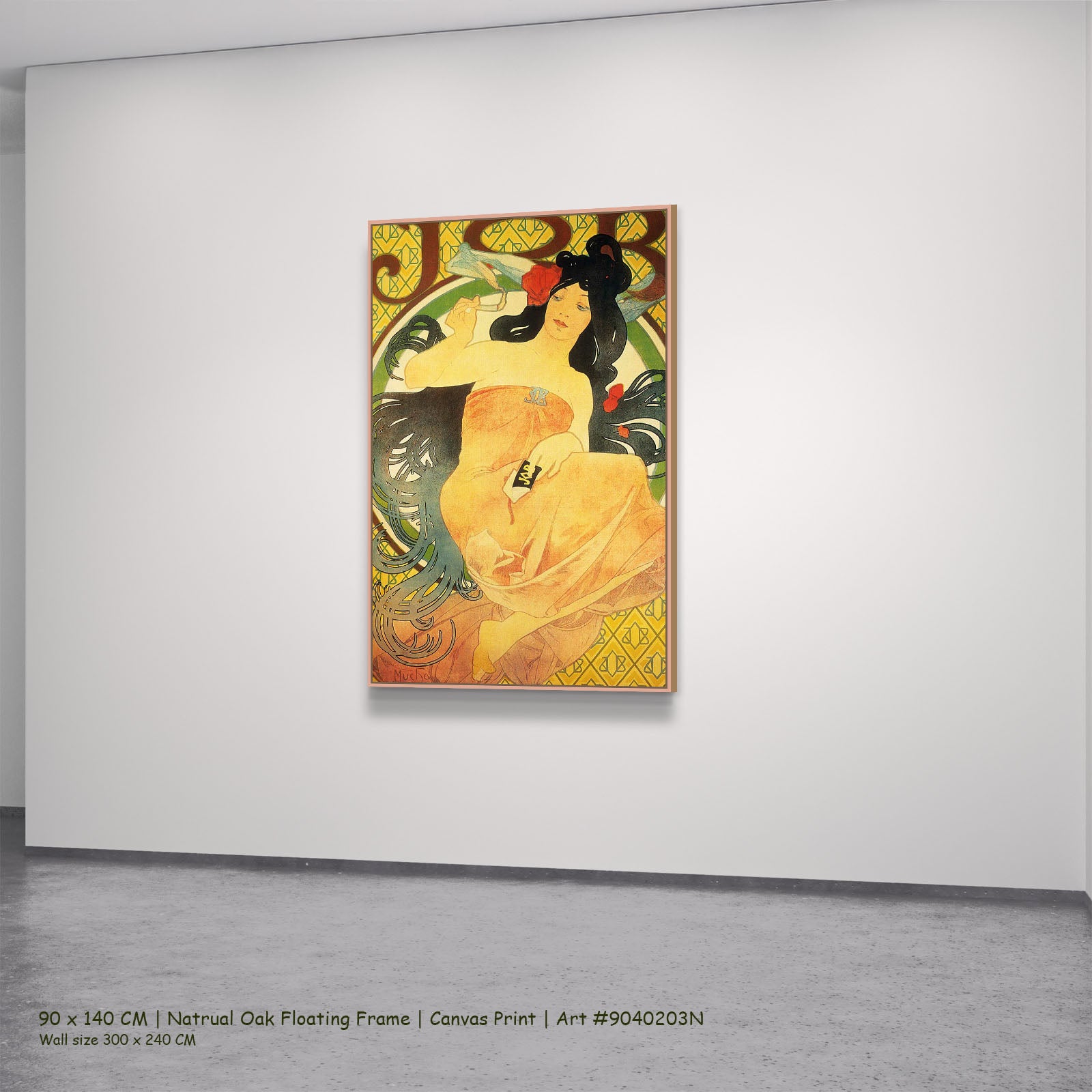 Job by Alphonse Mucha in a natural oak floating frame, large gold and orange Art Nouveau canvas