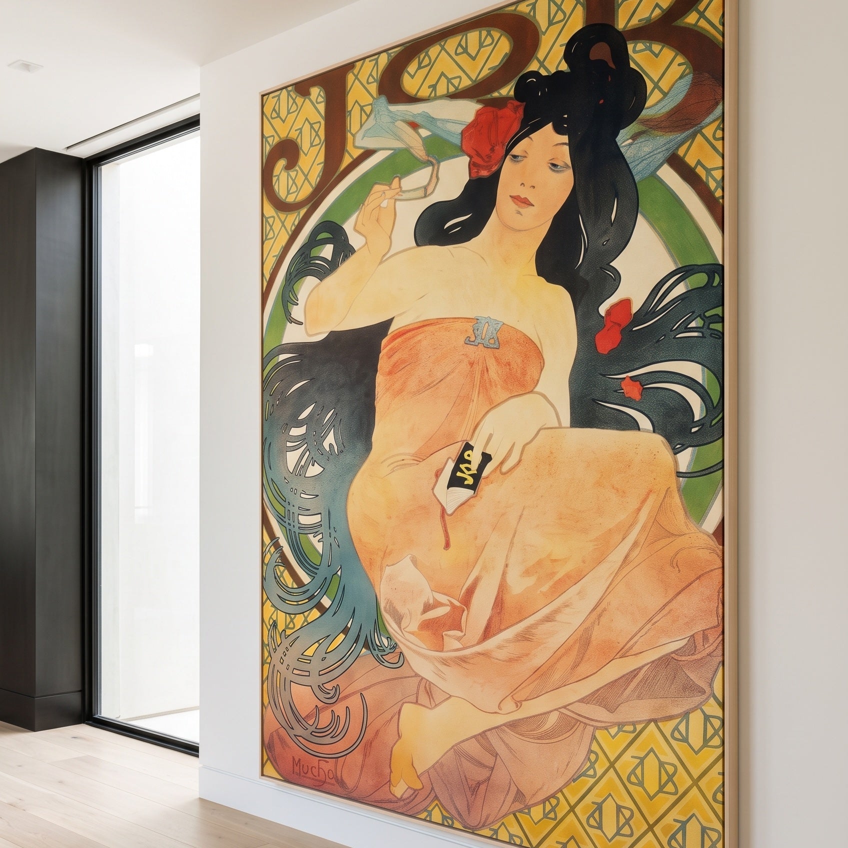 Job by Alphonse Mucha — large gold and orange Art Nouveau canvas art on a hallway wall