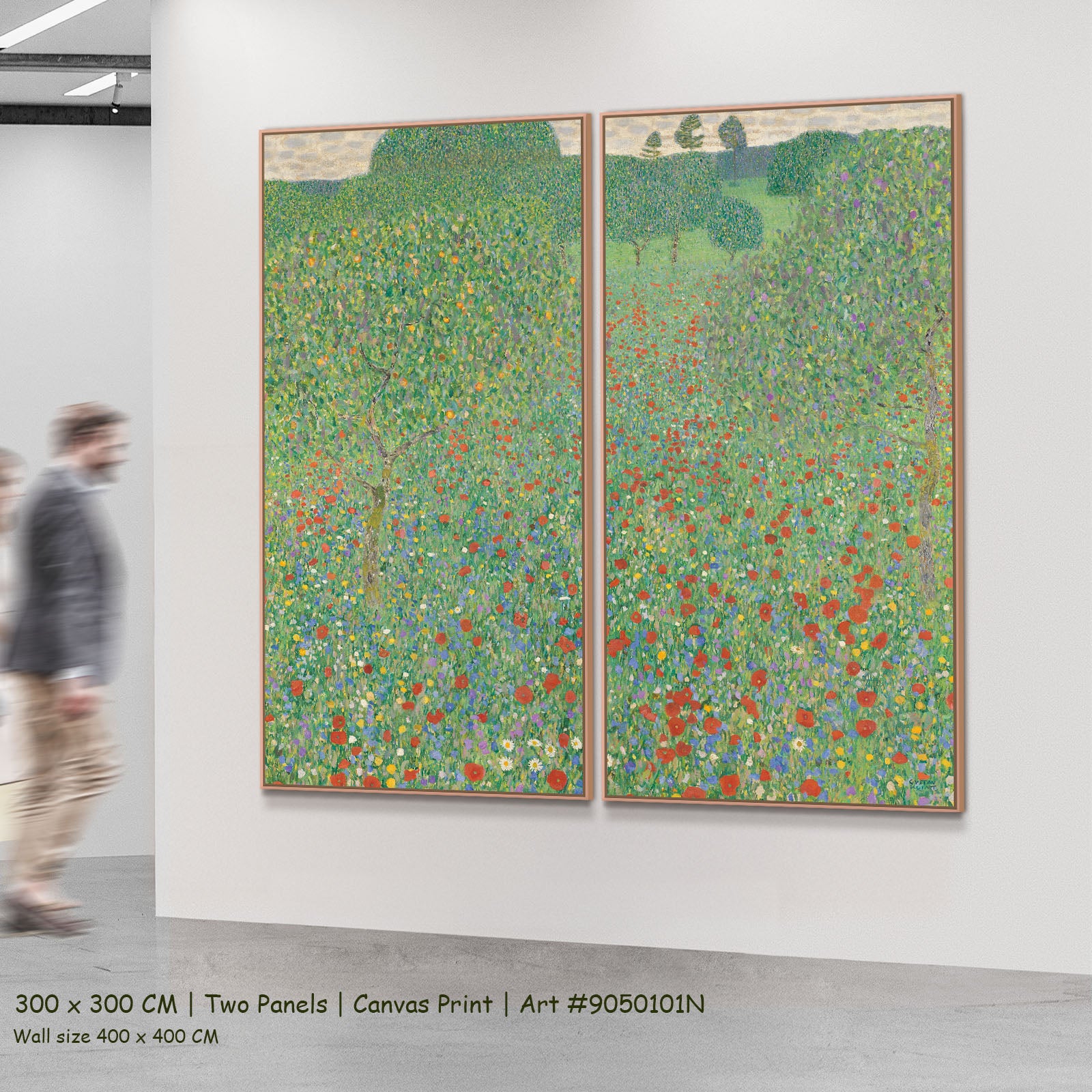 Poppy Field by Gustav Klimt as a large two-panel green and red Impressionist canvas set