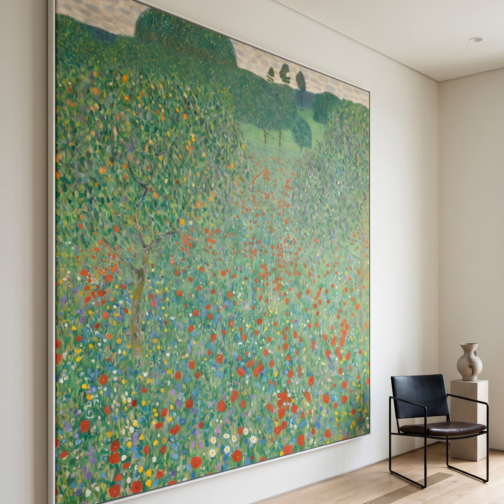Poppy Field by Gustav Klimt — large green and red Impressionist canvas art on a hallway wall
