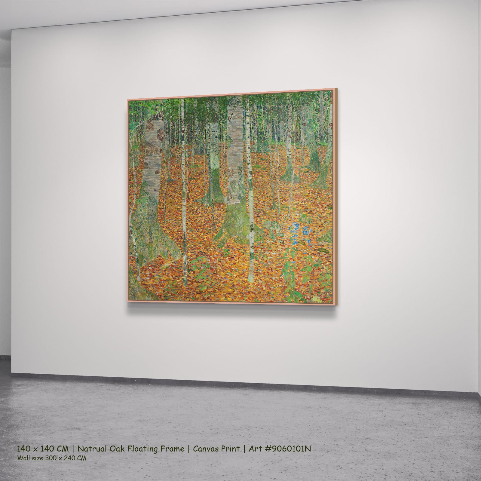 Birch Forest by Gustav Klimt in a natural oak floating frame, large orange and green Impressionist canvas